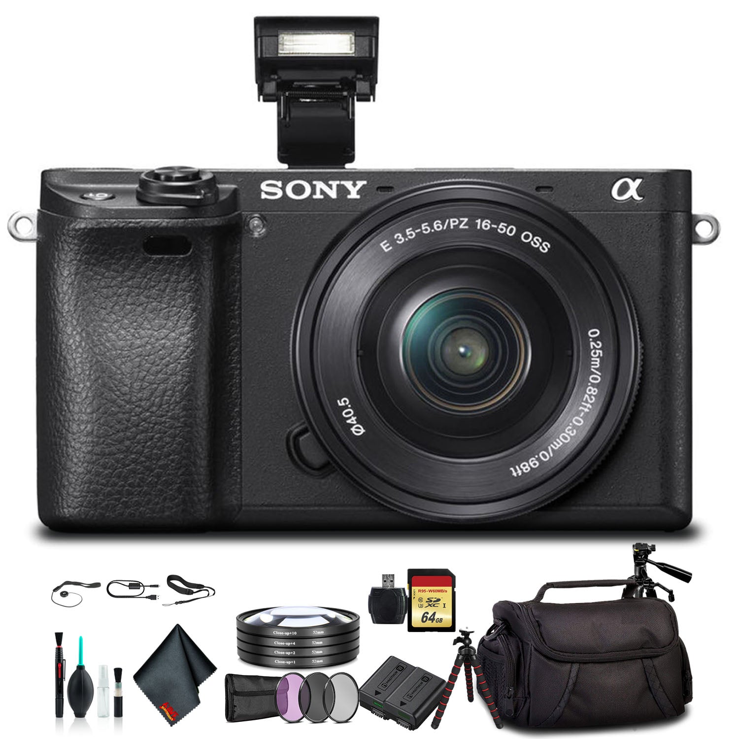 Sony Alpha a6300 Mirrorless Camera with 16-50mm Lens Black ILCE6300L/B With Soft Bag, Lens Filters, Tripod, Additional Battery, 64GB Memory Card, Card Reader , Plus Essential Accessories Sony