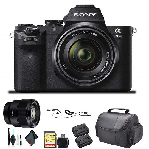 Sony Alpha a7 II Mirrorless Camera with FE 28-70mm f/3.5-5.6 OSS Lens ILCE7M2K/B With Sony FE 85mm Lens, Soft Bag, Additional Battery, 64GB Memory Card, Card Reader , Plus Essential Accessories Sony