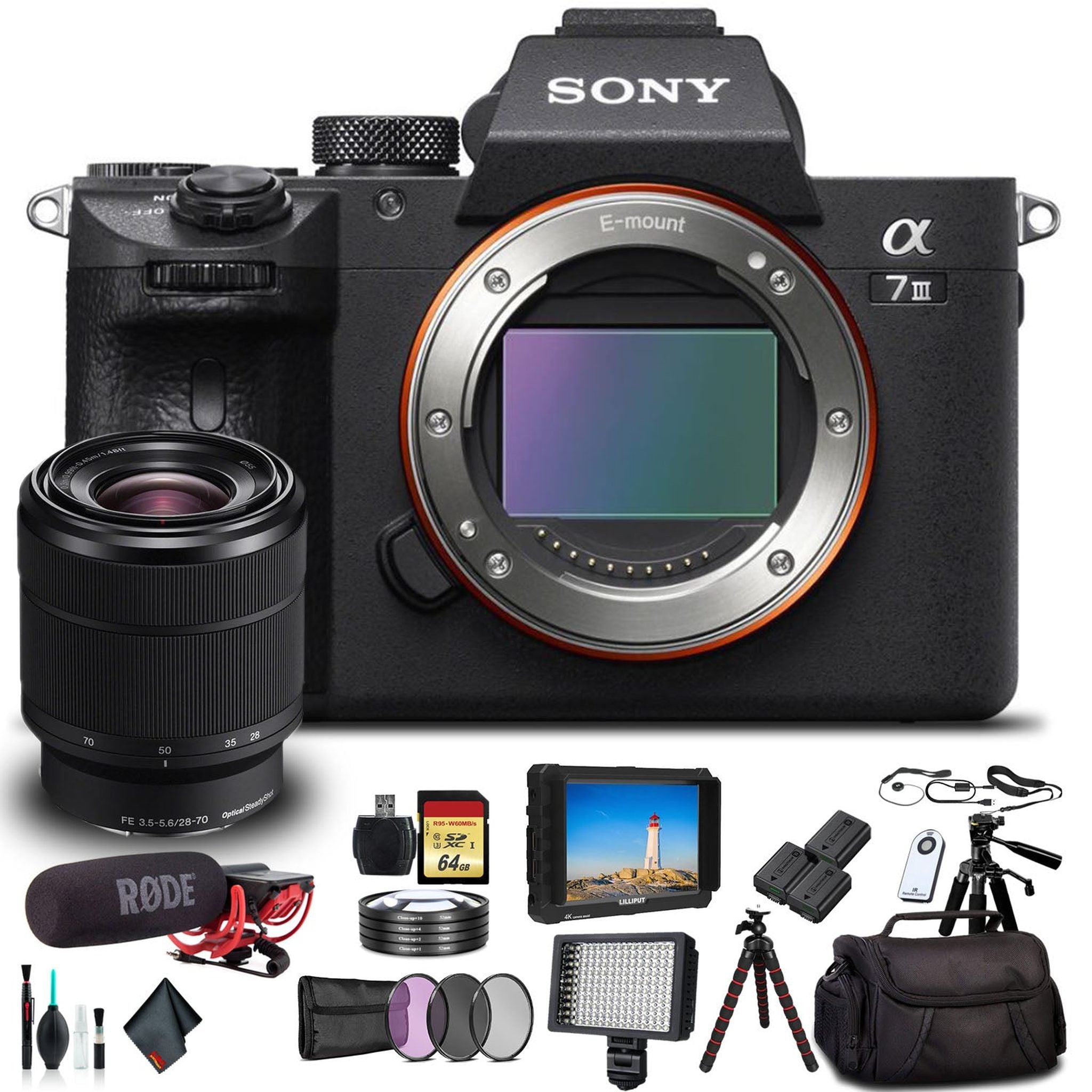 Sony Alpha a7 III Mirrorless Camera with 28-70mm Lens With Soft Bag, 2x Extra Batteries, Rode Mic, LED Light, External Monitor, 2x 64GB Memory Card, Sling Soft Bag, , Plus Essential Accessories Sony