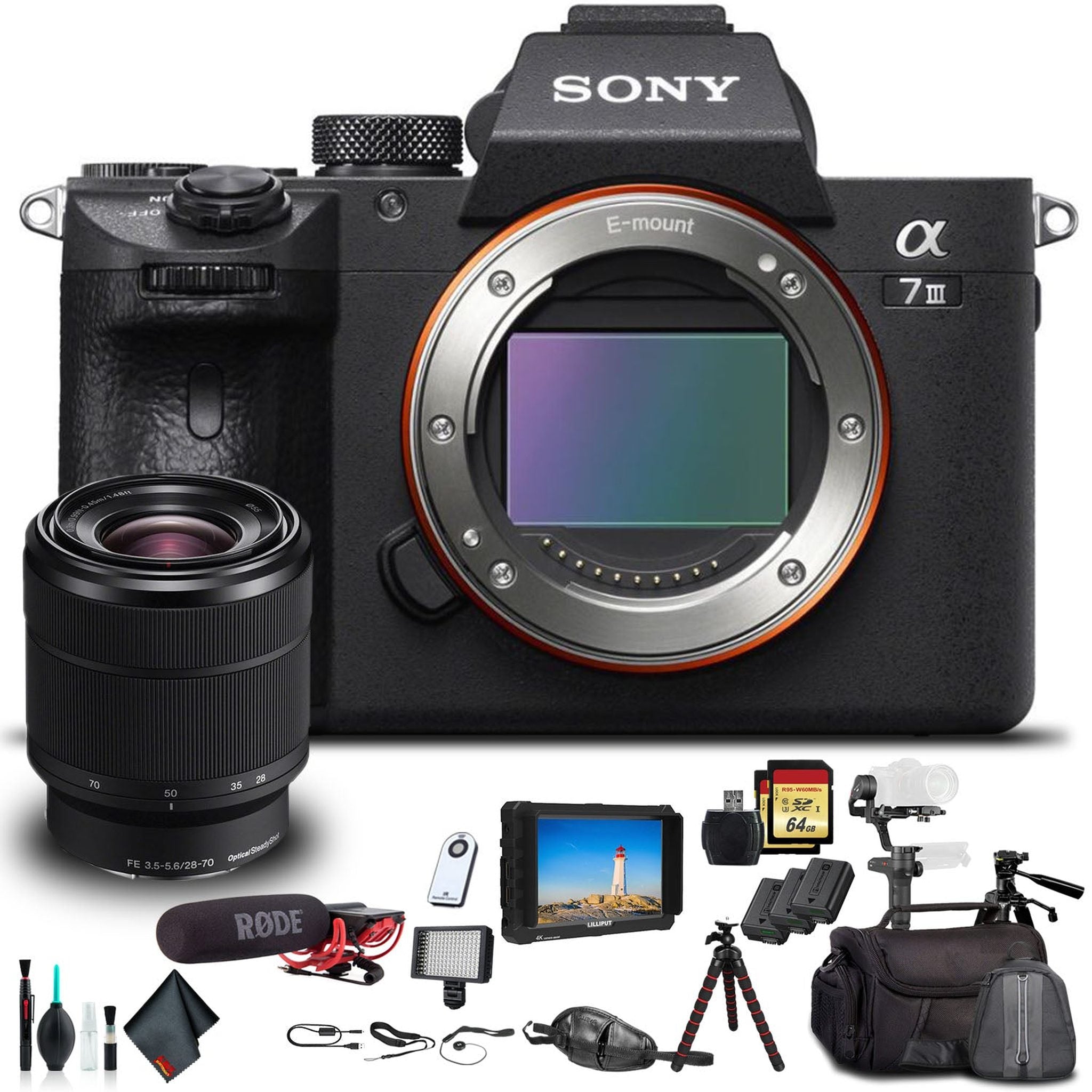 Sony Alpha a7 III Mirrorless Camera W/ 28-70mm Lens ILCE7M3K/B W/ Soft Bag, Zhiyun-Tech WEEBILL Stabilizer, Tripod, 2x Extra Batteries, Rode Mic, LED Light, 2x 64GB Cards, External Monitor and More. Sony