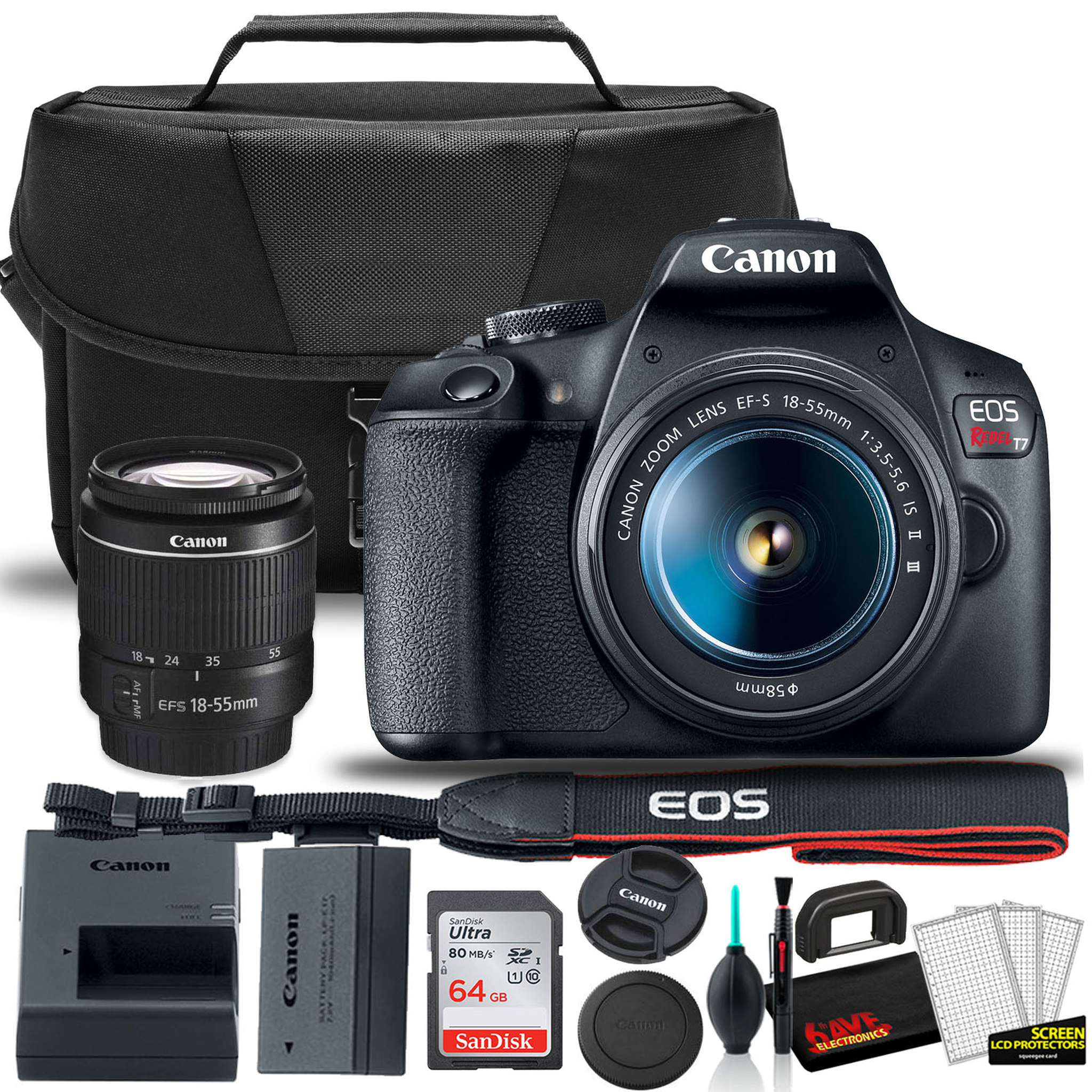 Canon EOS Rebel T7 DSLR Camera with 18-55mm Lens Starter Bundle + Includes: EOS Bag + Sandisk Ultra 64GB Card + Clean and Care Kit + More Canon