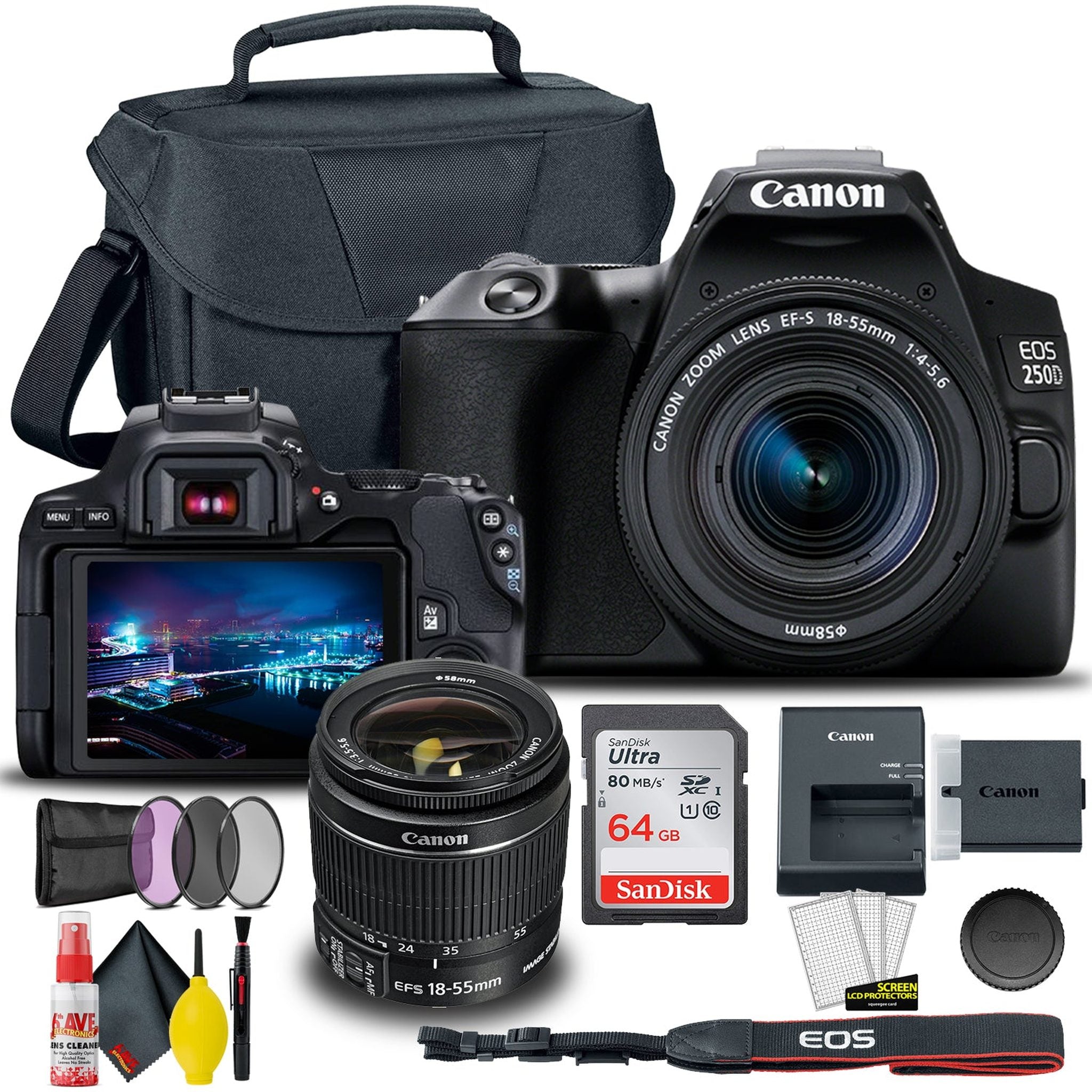 Canon EOS 250D / Rebel SL3 DSLR Camera with 18-55mm Lens Black + Creative Filter Set, EOS Camera Bag + Sandisk Ultra 64GB Card + 6AVE Electronics Canon