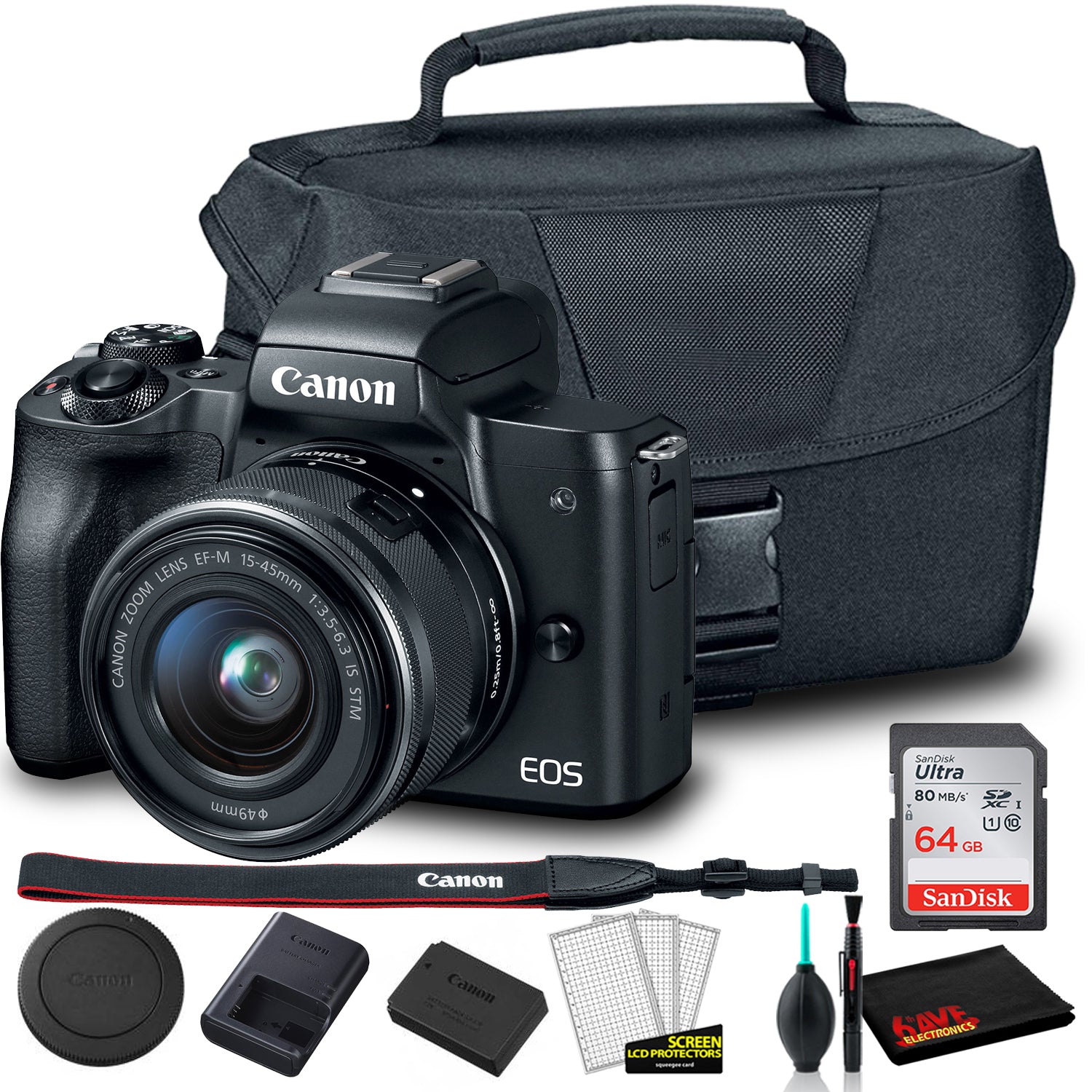 Canon EOS M50 Mirrorless Digital Camera with 15-45mm Lens Black 2680C011 + EOS Bag + Sandisk Ultra 64GB Card + Clean and Care Kit Canon