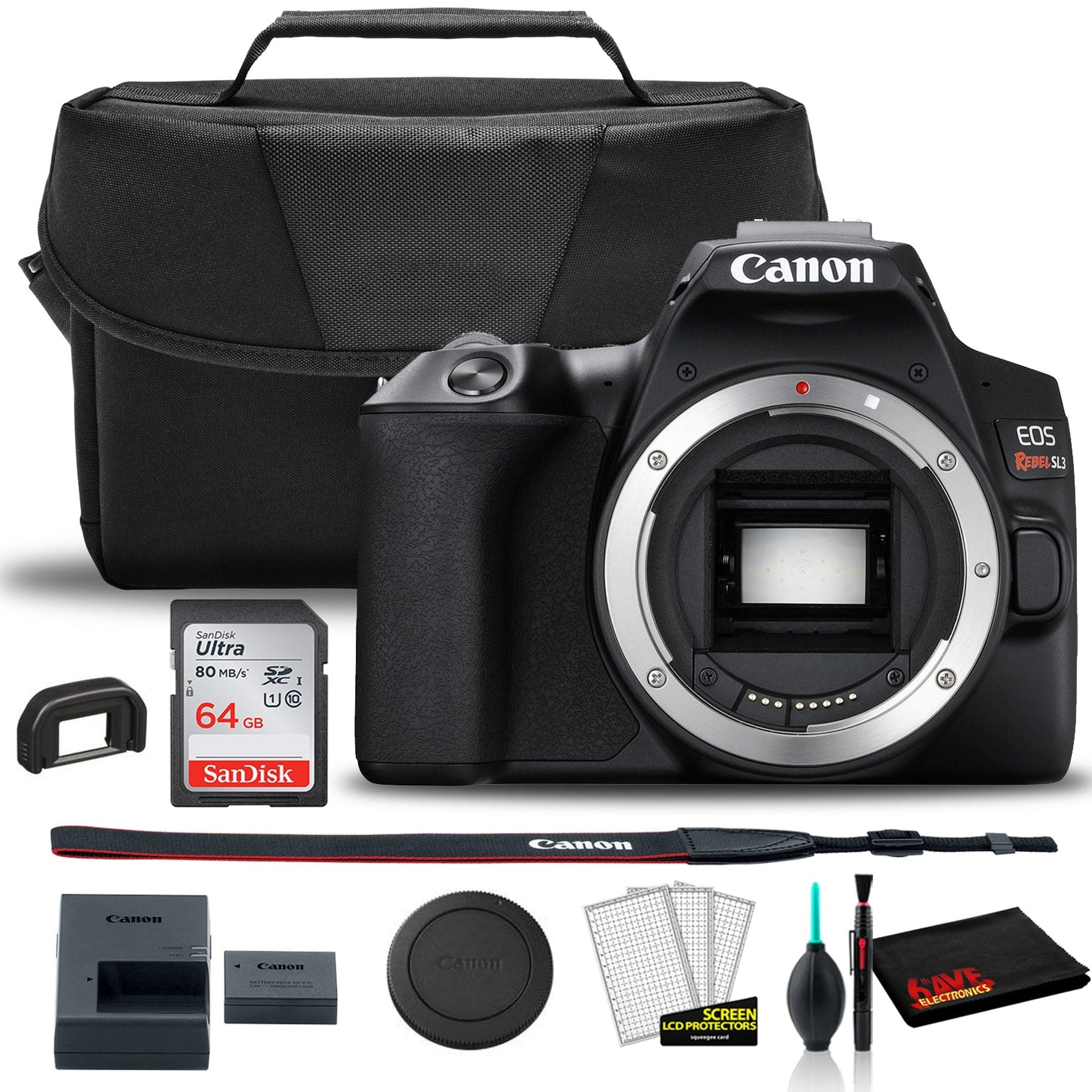 Canon EOS Rebel SL3 DSLR Camera Black, Body Only 3453C001 + EOS Bag + Sandisk Ultra 64GB Card + Clean and Care Kit Canon