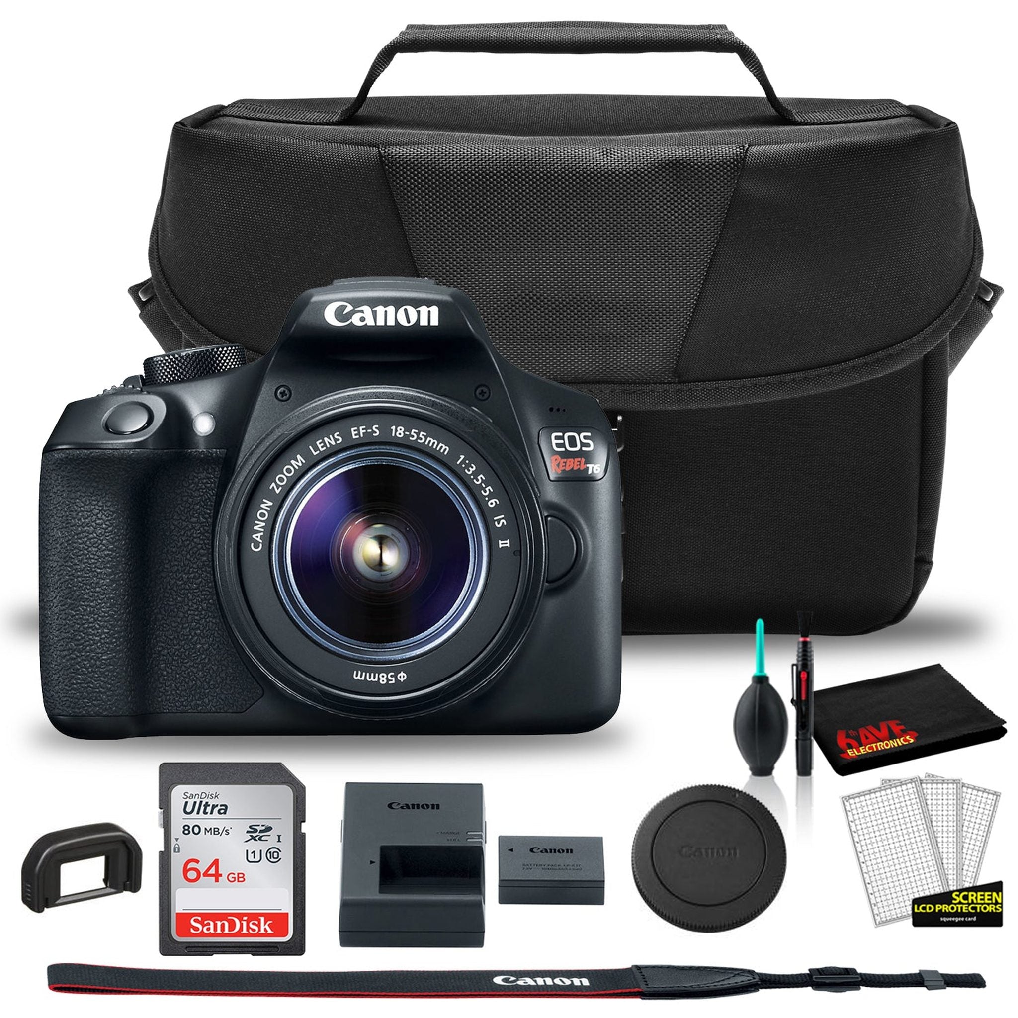 Canon EOS Rebel T6 DSLR Camera with 18-55mm Lens 1159C003 + EOS Bag + Sandisk Ultra 64GB Card + Clean and Care Kit Canon