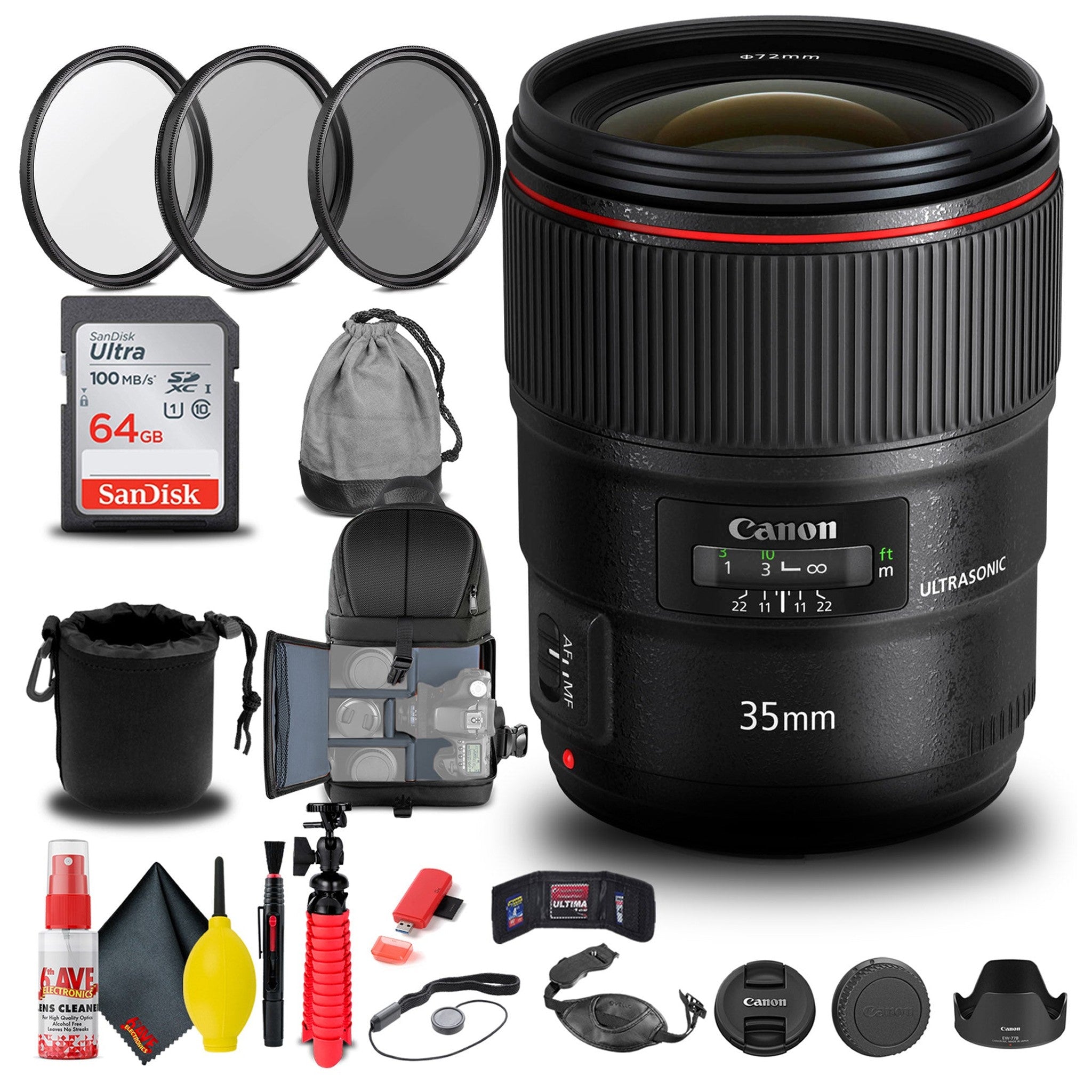 Canon EF 35mm f/1.4L II USM Lens + Filter + BackPack + 64GB Card + More Canon