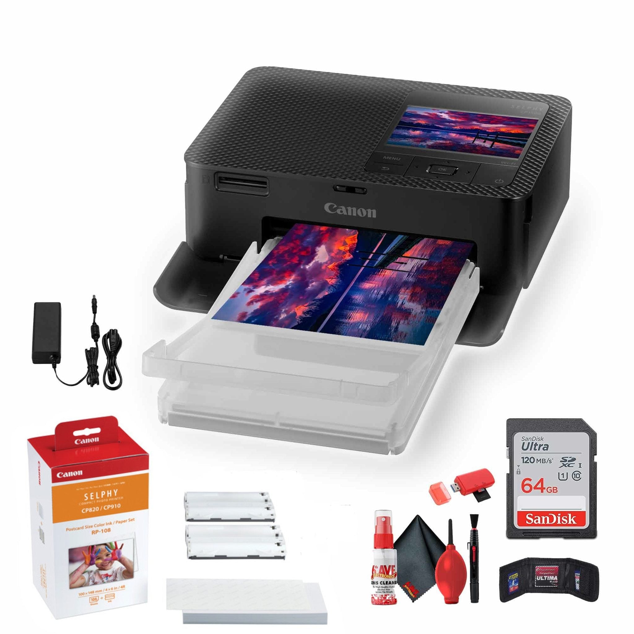 Canon SELPHY CP1500 Photo Printer Black + Canon RP-108 Color Ink and Paper Set + More Bundle Canon