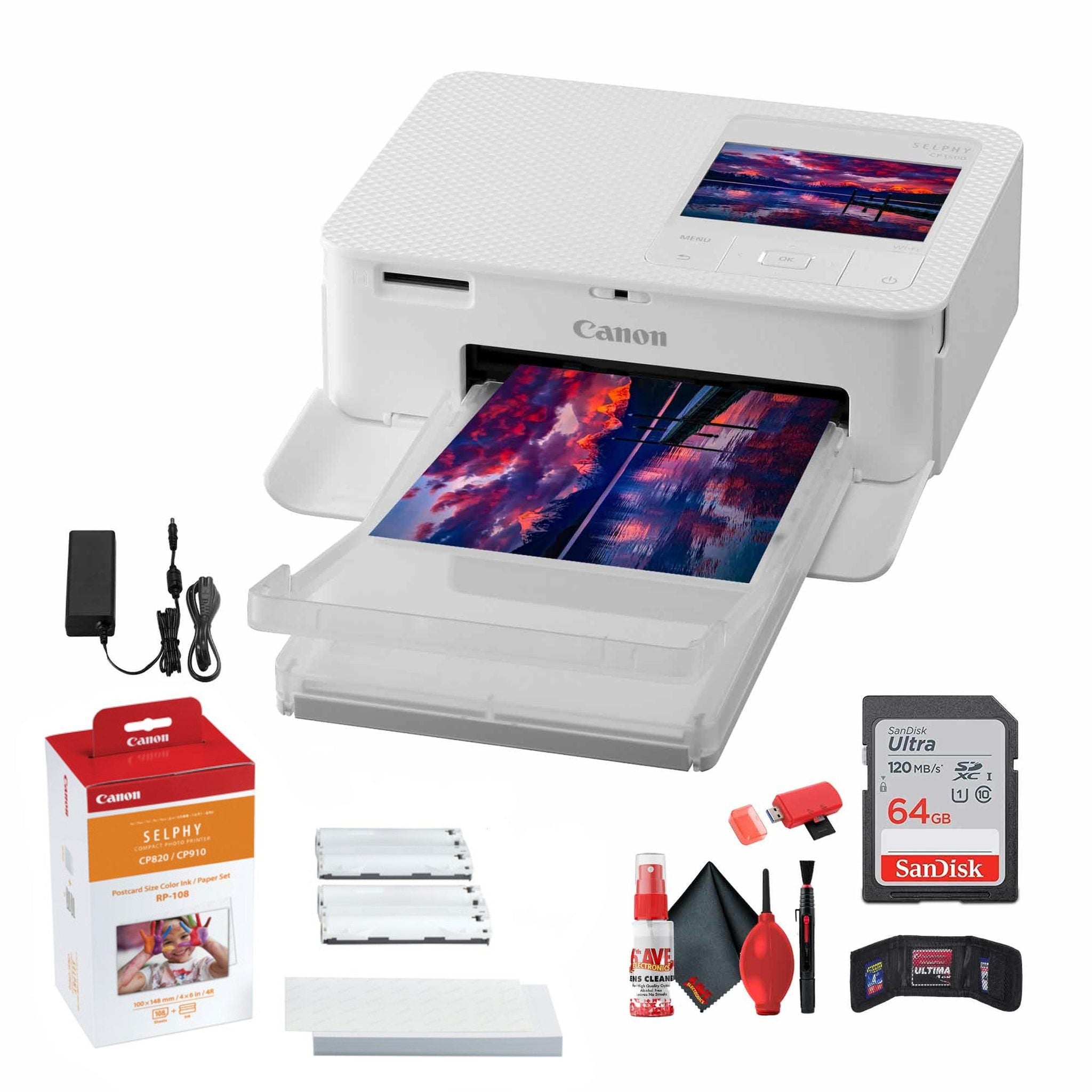 Canon SELPHY CP1500 Photo Printer White + Canon RP-108 Color Ink and Paper Set + More Bundle Canon