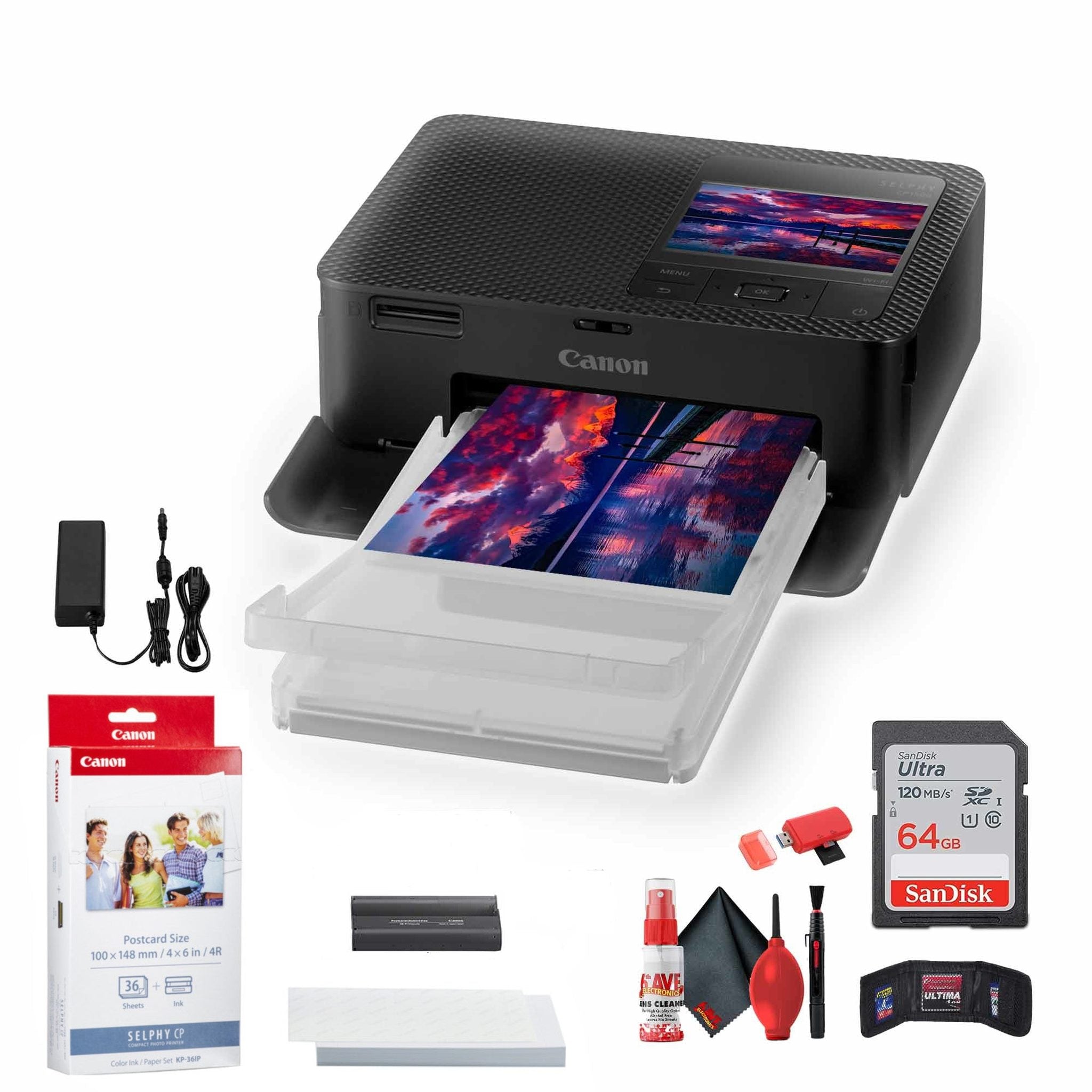 Canon SELPHY CP1500 Photo Printer Black + Canon KP-36IP Color Ink and Paper Set + More Bundle Canon