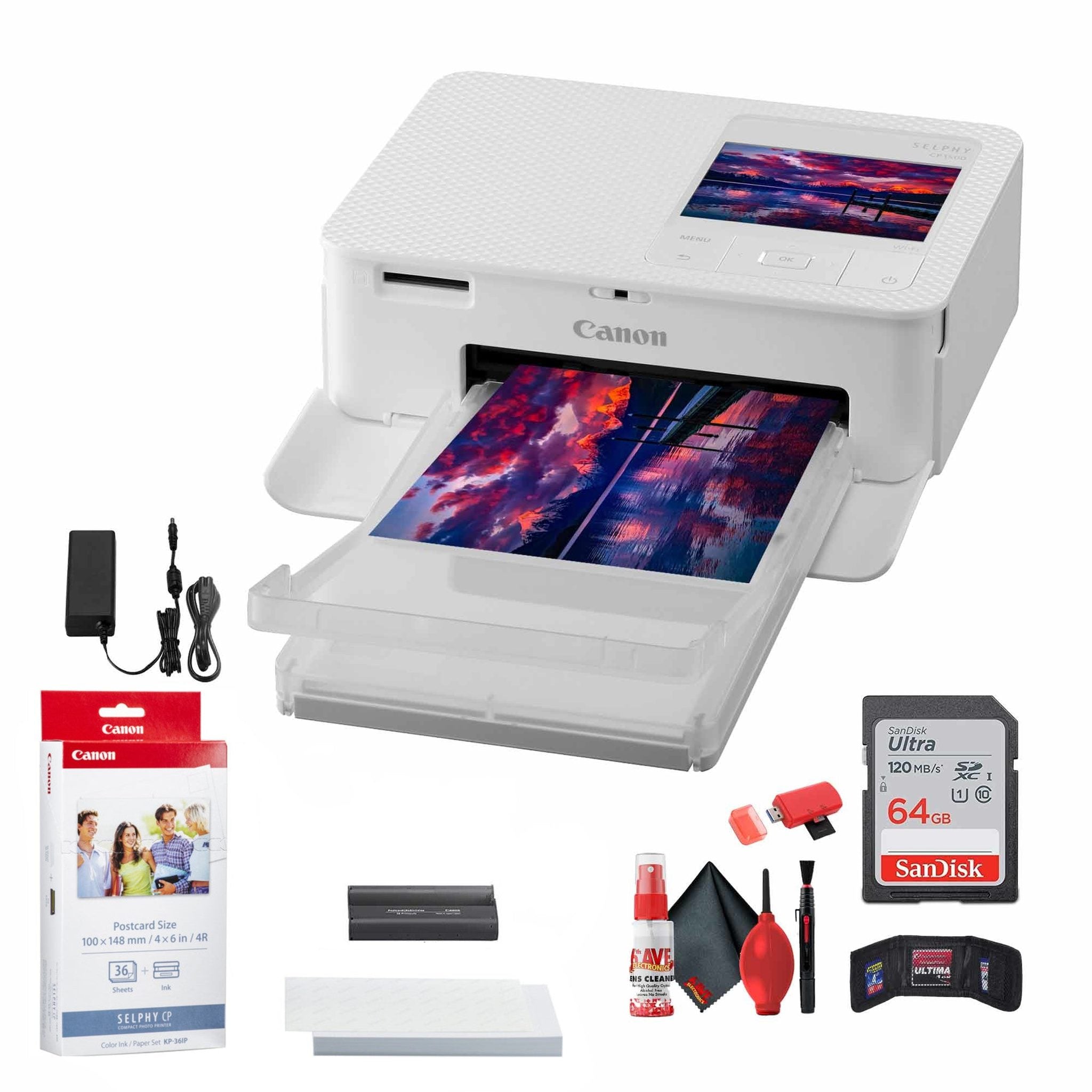 Canon SELPHY CP1500 Photo Printer White + Canon KP-36IP Color Ink and Paper Set + More Bundle Canon