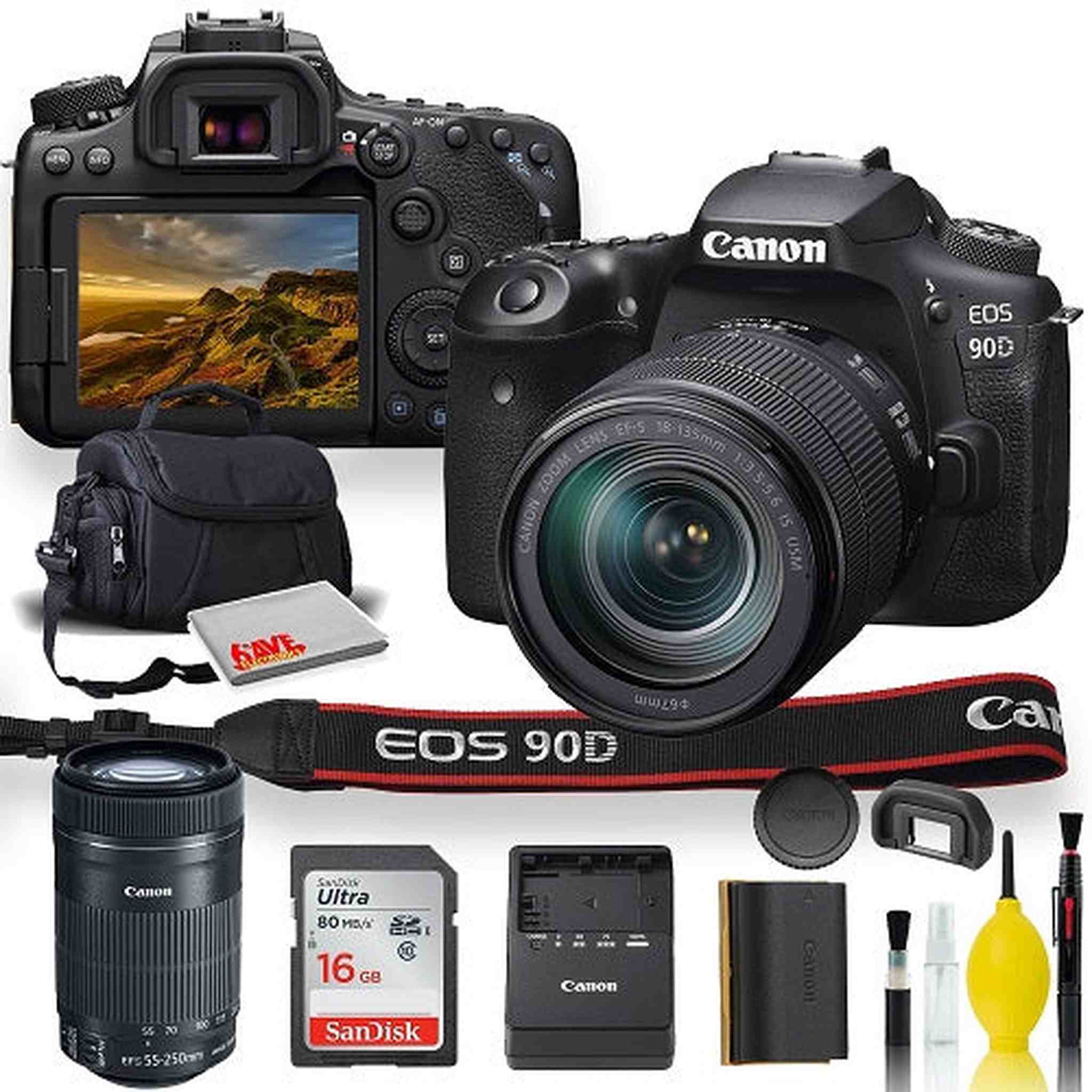 Canon EOS 90D DSLR Camera With 18-135mm Lens, Canon EF-S 55-250mm f/4-5.6 IS STM Lens, Soft Padded Case, Memory Card, and More Canon