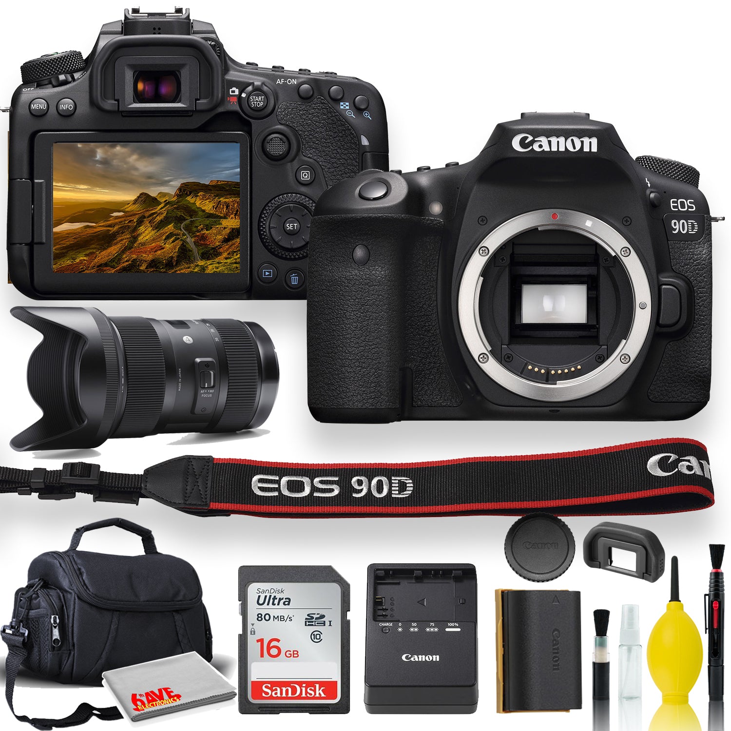 Canon EOS 90D DSLR Camera With Sigma 18-35mm Lens, Soft Padded Case, Memory Card, and More Canon