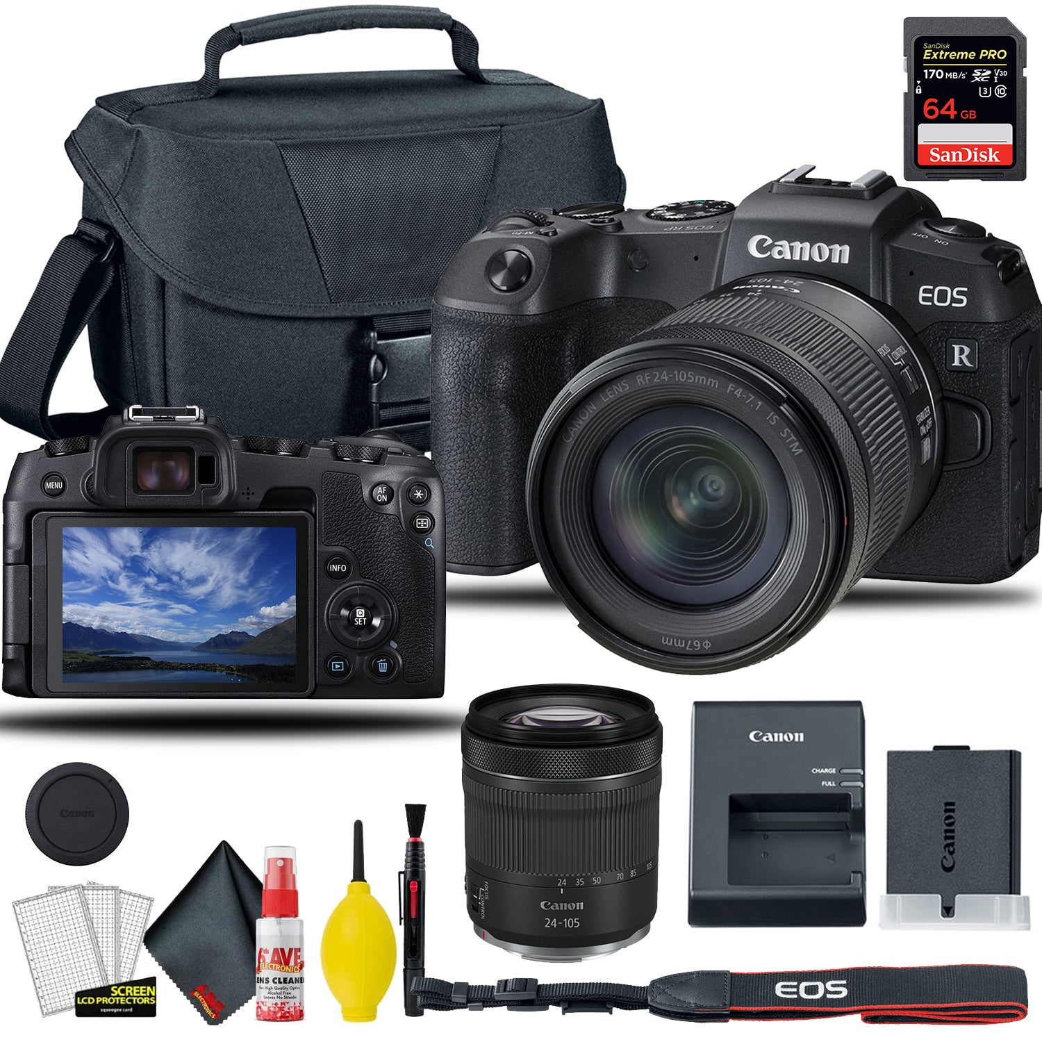 Canon EOS RP Mirrorless Digital Camera with 24-105mm f/4-7.1 Lens, + EOS Camera Bag + Sandisk Extreme Pro 64GB Card + 6AVE Electronics Cleaning Set, and More Canon