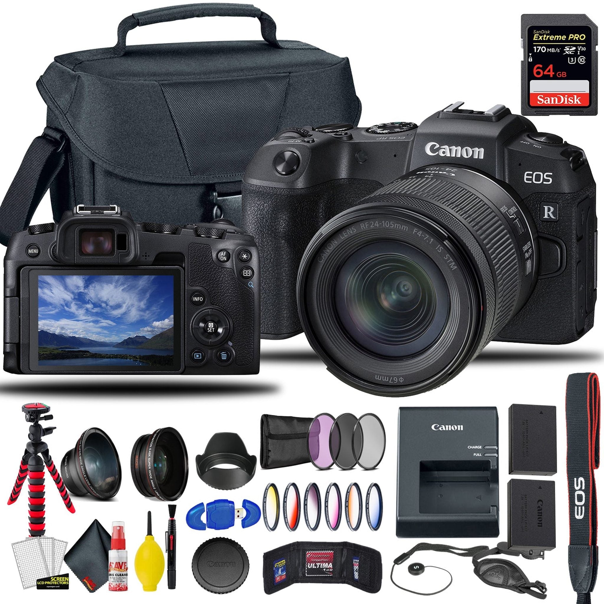 Canon EOS RP Mirrorless Digital Camera with 24-105mm f/4-7.1 Lens + Extra Canon Battery, Creative Filters + EOS Camera Bag + Sandisk Extreme Pro 64GB Card + 6AVE Cleaning Set, + More Canon