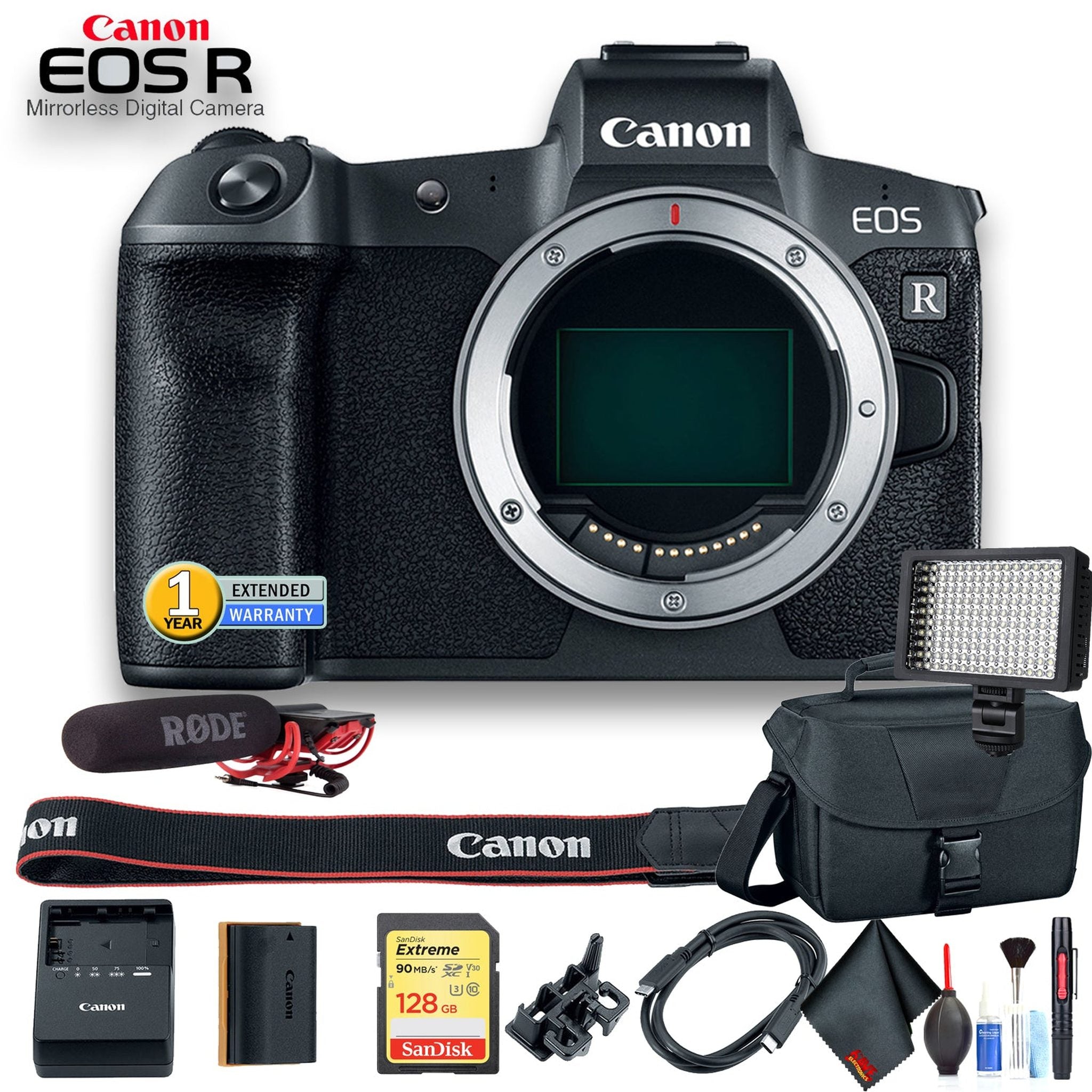 Canon EOS R Mirrorless Digital Camera International Model 3075C002 W/Bag, Extra Battery, Rode Mic, Extended Warranty Bundle Canon