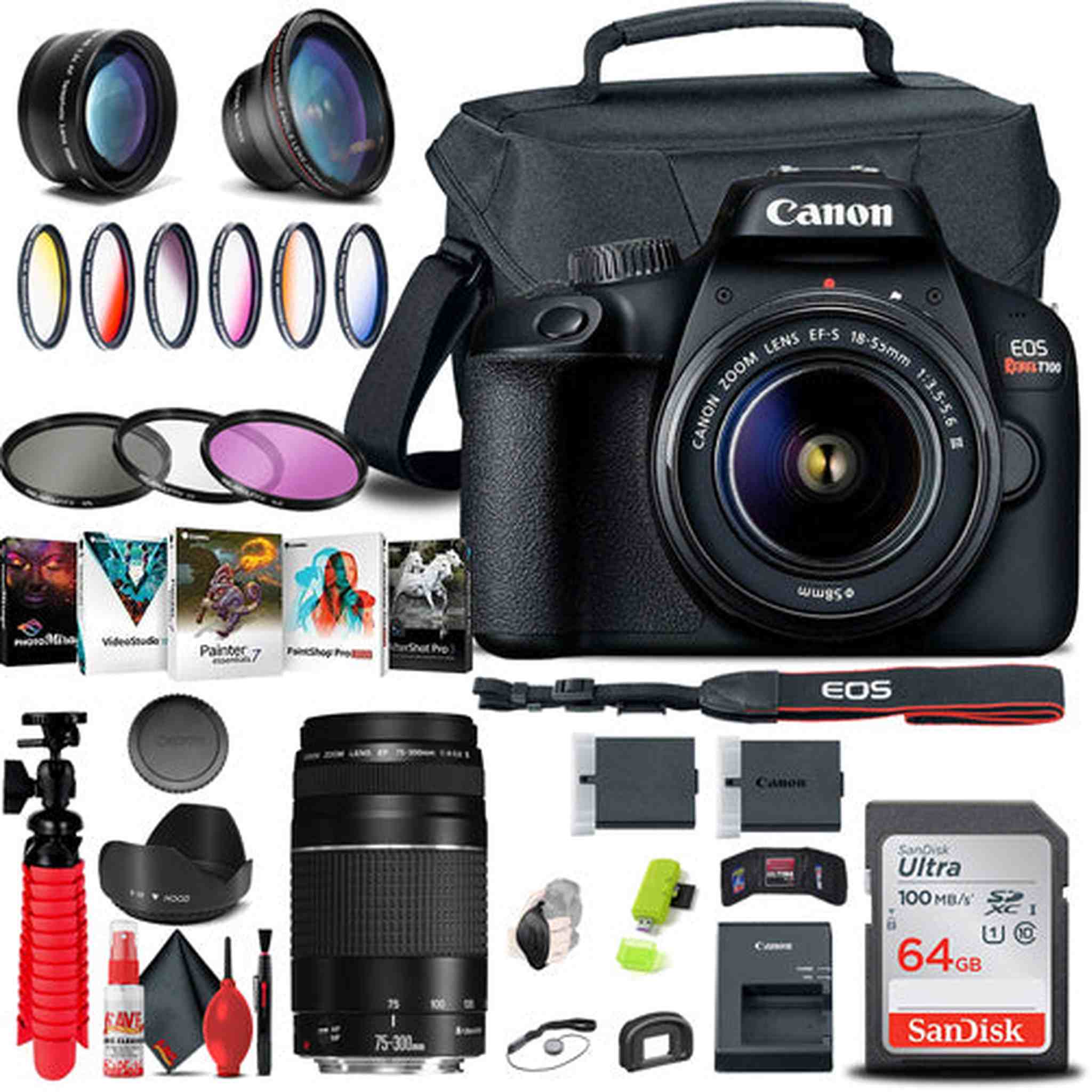 Canon EOS Rebel T100 / 4000D DSLR Camera with 18-55mm Lens + EF 75-300mm tripod bundle Canon