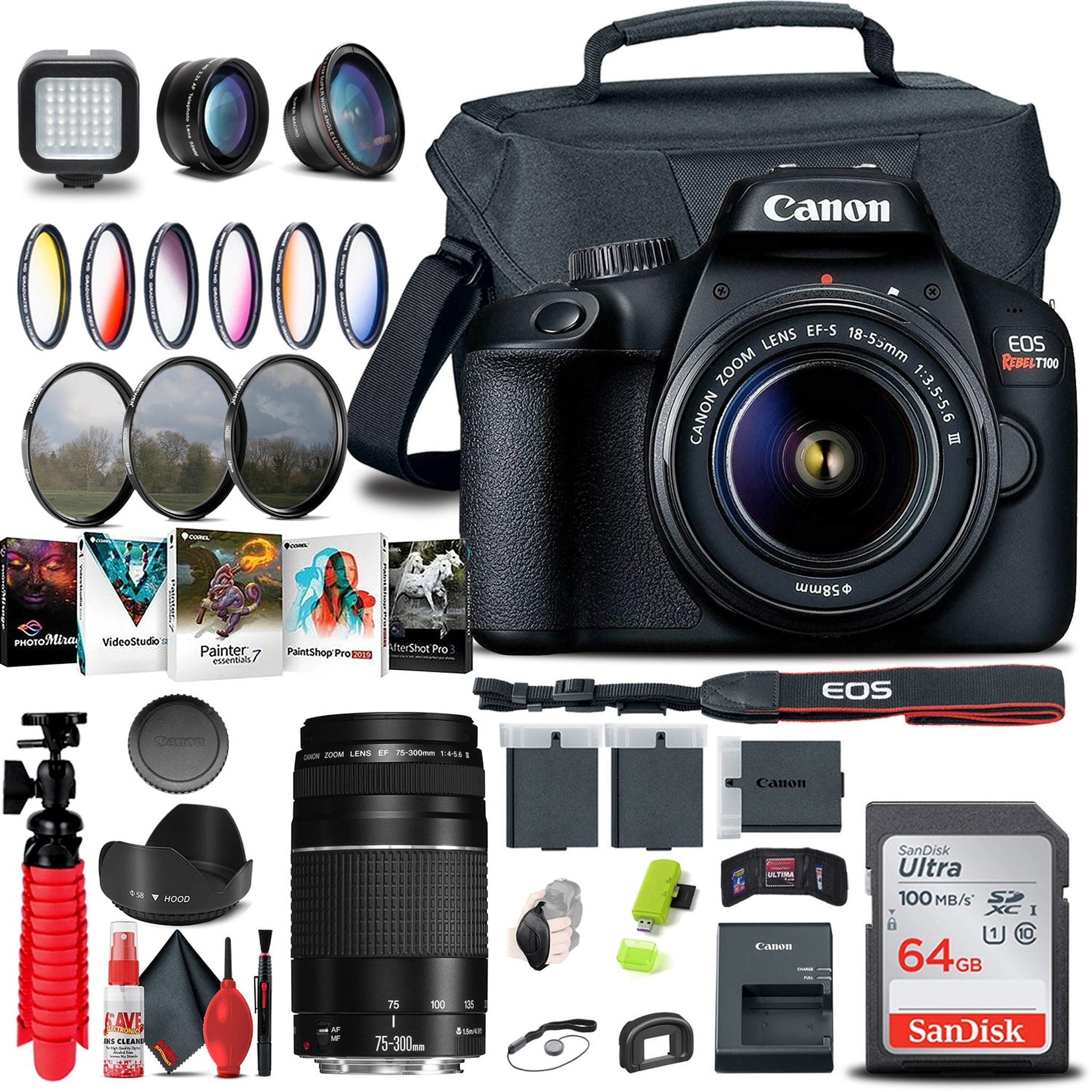 Canon EOS Rebel T100 / 4000D DSLR Camera with 18-55mm Lens + EF 75-300mm Outdoor bundle Canon