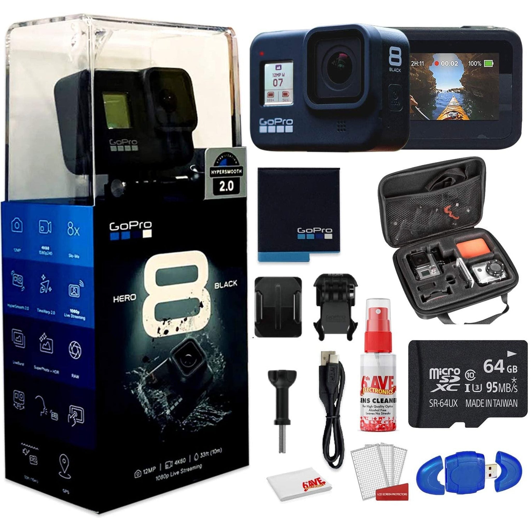 GoPro HERO8 Black Digital Action Camera - Waterproof, Touch Screen - With Cleaning Set + Case + 64GB Memory Card and More. GoPro