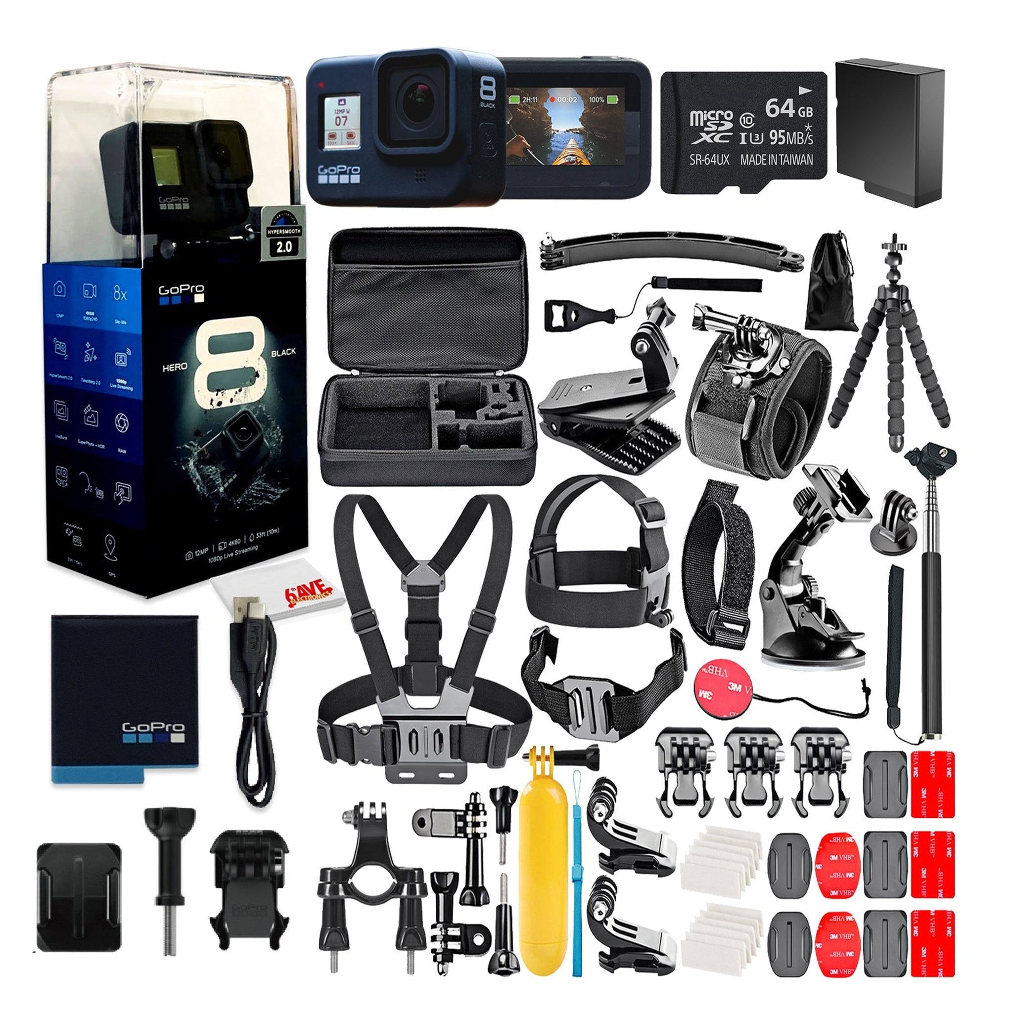 GoPro HERO8 Black Digital Action Camera, Waterproof, Touch Screen - W/ 50 Piece Accessory Kit + 64GB Memory Card + Extra Battery GoPro