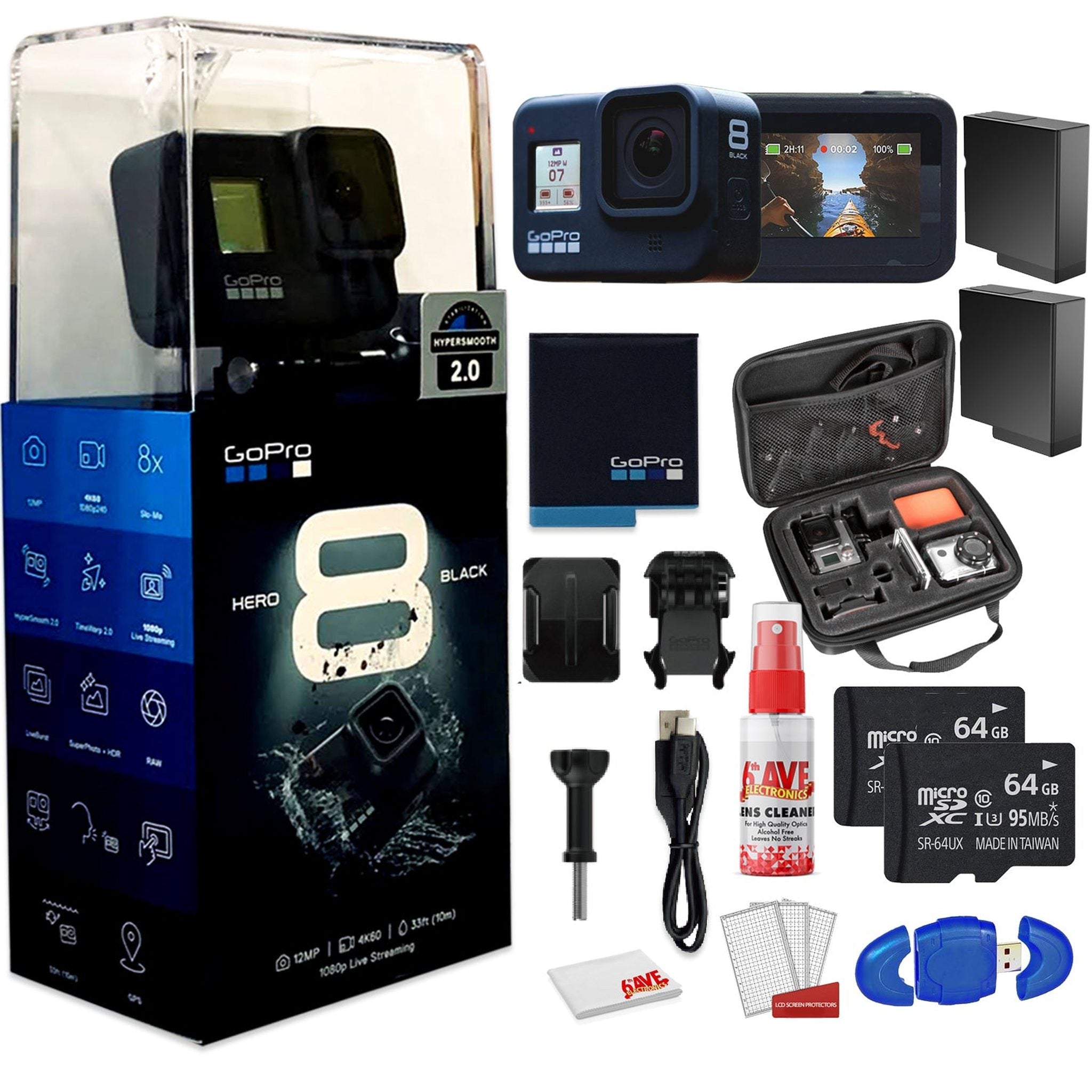 GoPro HERO8 Black Digital Action Camera - Waterproof - With Cleaning Set + Case + 2 x 64GB Memory Card and 2 x Extra Batteries GoPro