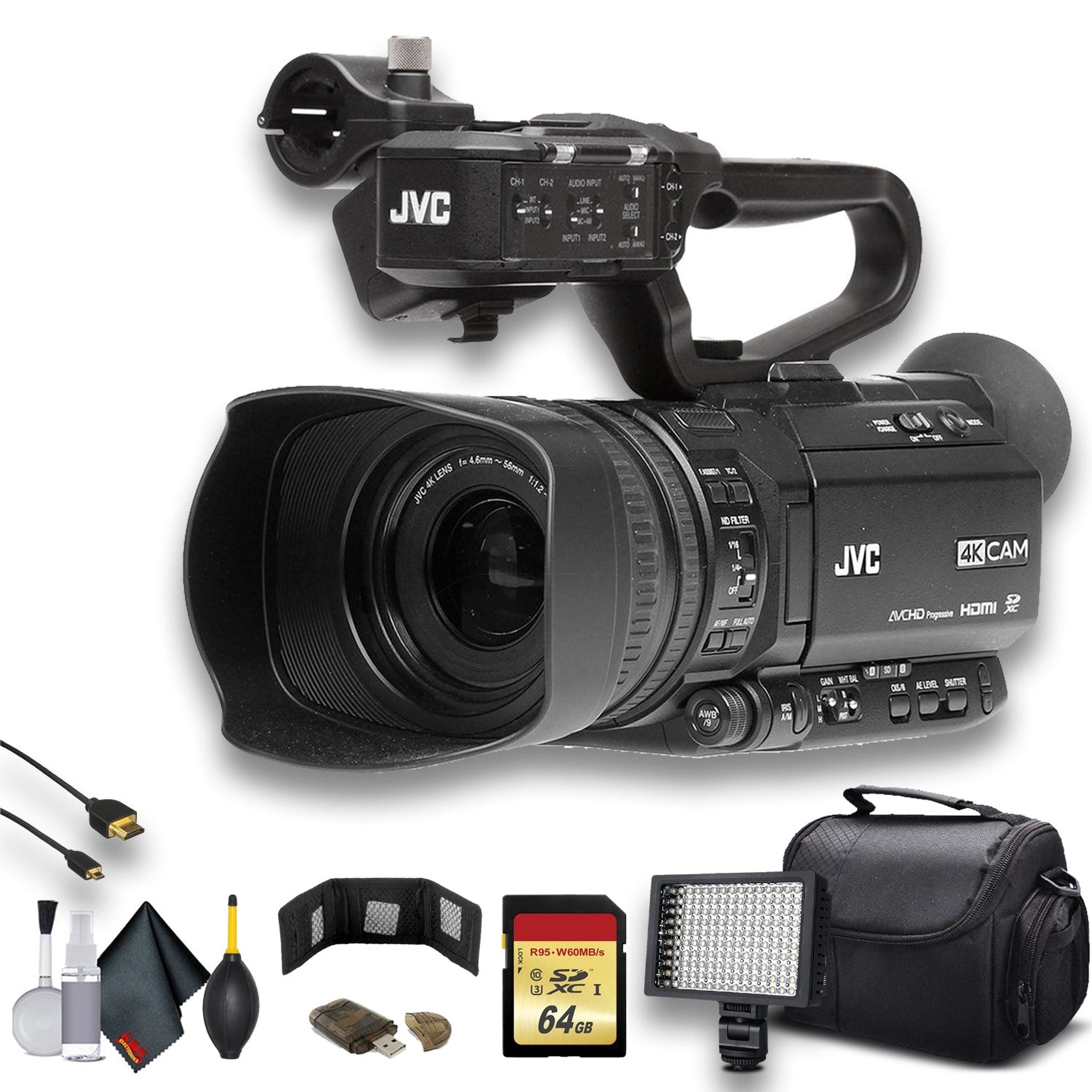 JVC GY-HM250 UHD 4K Streaming Camcorder W/ 64GB Memory Card, HDMI Cable, Case, LED Light, Cleaning Kit and More. Professional Bundle JVC