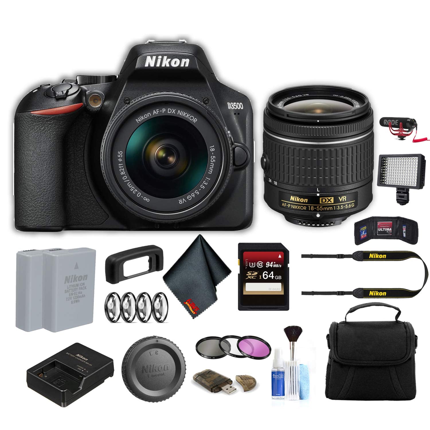 Nikon D3500 DSLR Camera with 18-55mm Lens 1590 Advanced Bundle W/Bag, Extra Battery, LED Light, Mic, Filters and More Nikon