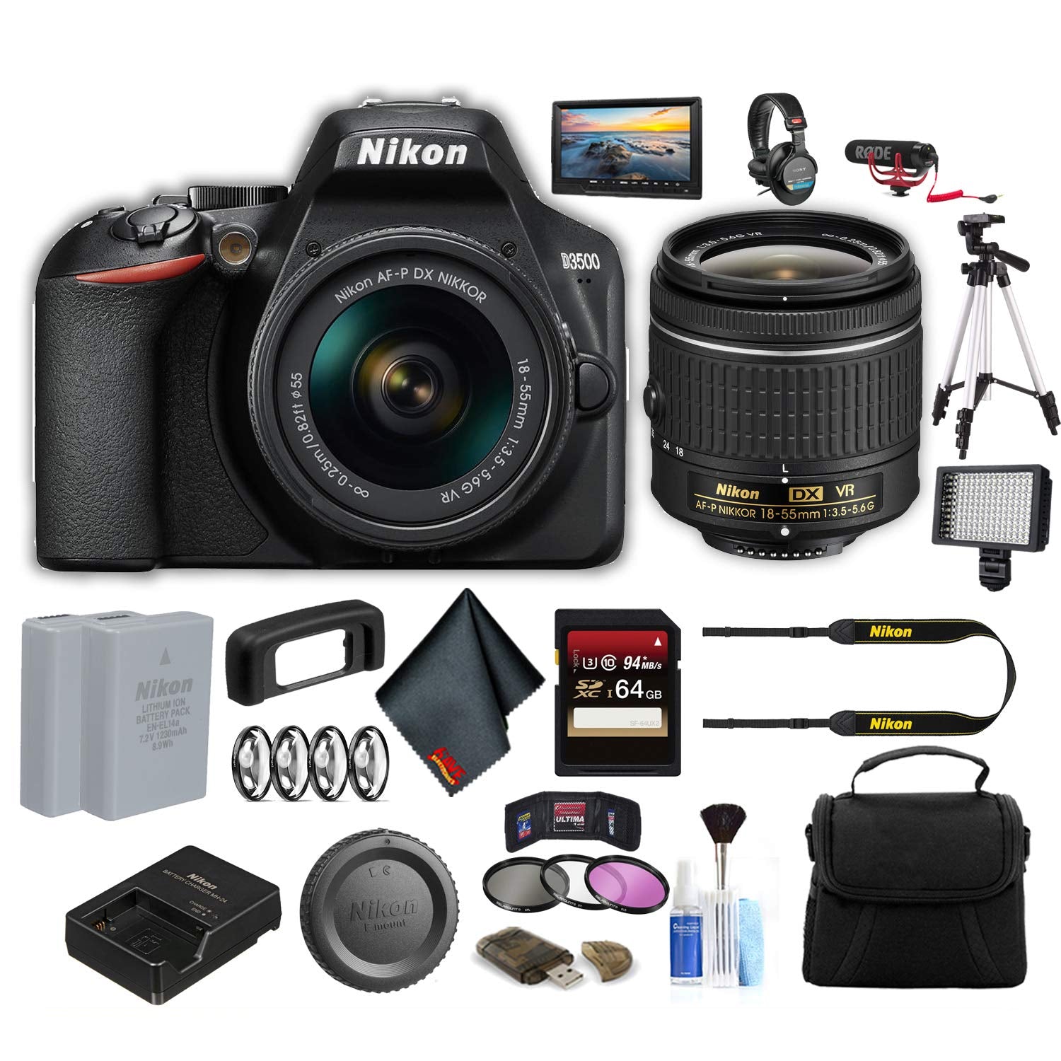 Nikon D3500 DSLR Camera with 18-55mm Lens 1590 Professional Bundle W/Bag, Extra Battery, LED Light, Mic, Filters, Tripod, Monitor and More Nikon