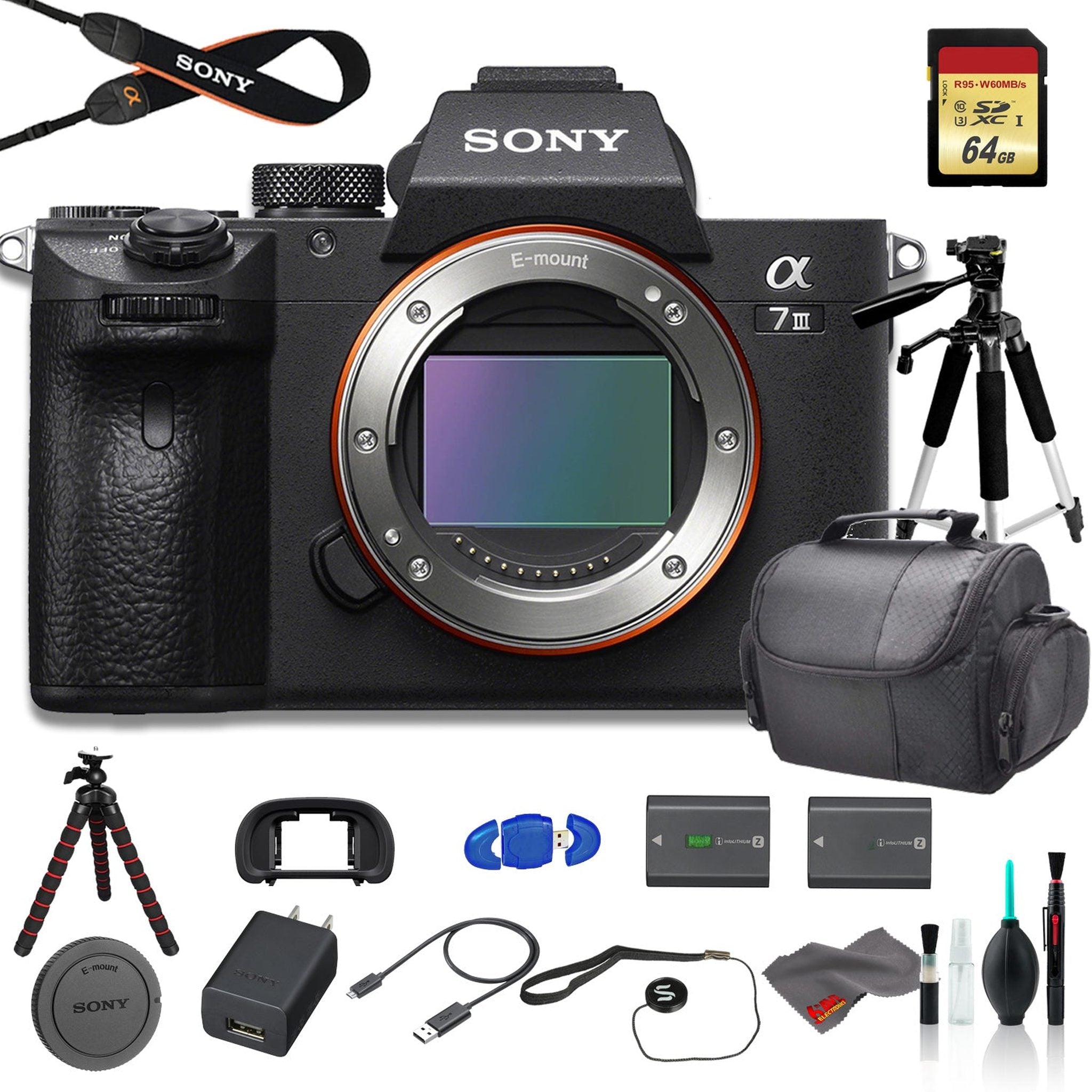 Sony Alpha a7 III Mirrorless Digital Camera Body Only Bundle - With Bag, Tripod, Extra Battery, 64GB Memory Card Sony