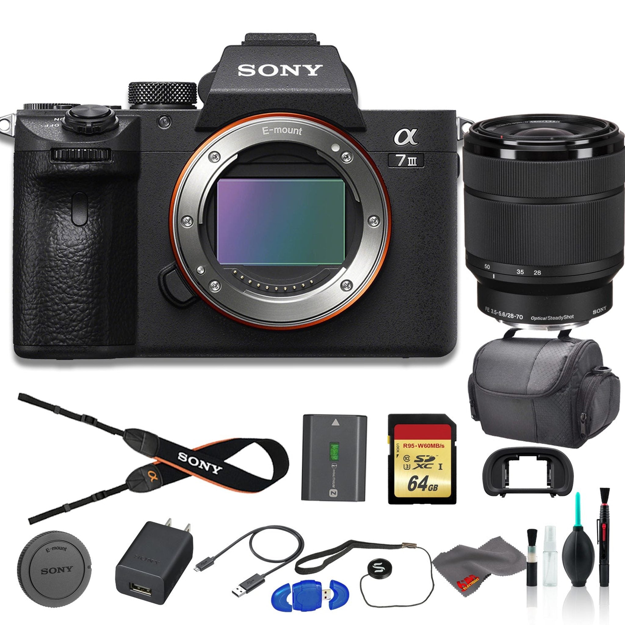 Sony Alpha a7 III Mirrorless Digital Camera Bundle - With Sony FE 28-70mm Lens, Bag, 64GB Memory Card, Memory Card Reader Sony