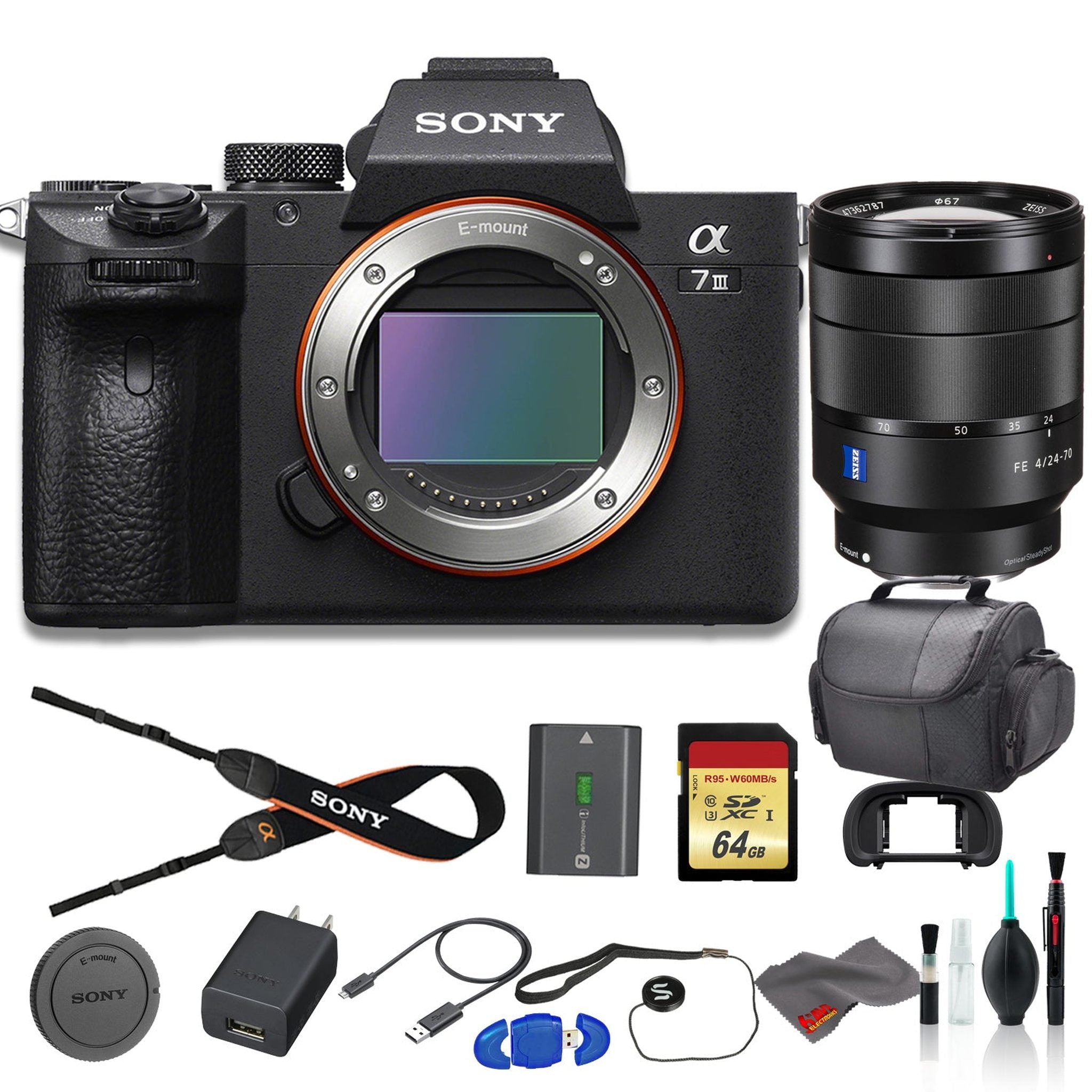 Sony Alpha a7 III Mirrorless Digital Camera Bundle - With Sony FE 24-70mm f/4 Lens, Bag, 64GB Memory Card, Memory Card Reader Sony