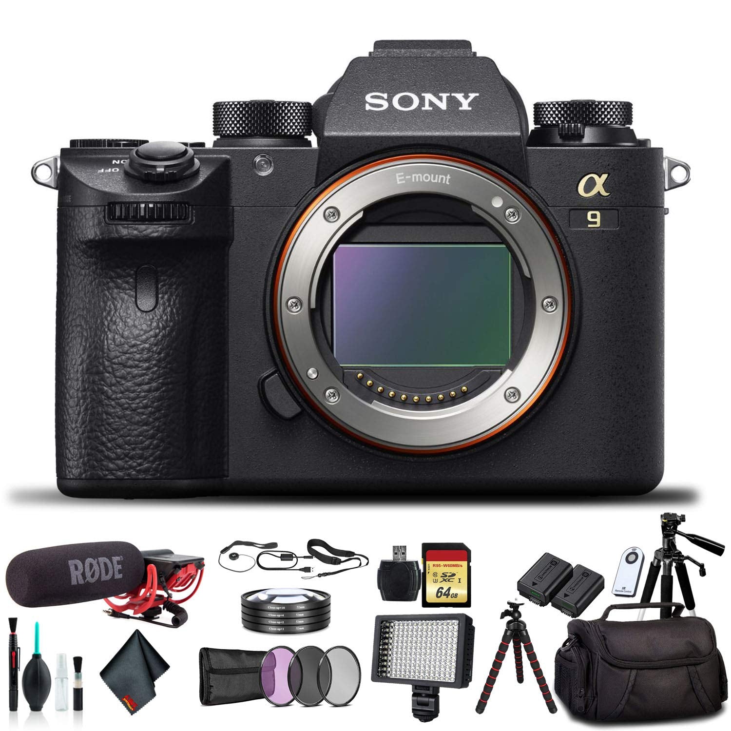 Sony Alpha a9 Mirrorless Camera ILCE9/B With Soft Bag, Tripod, Additional Battery, Rode Mic, LED Light, 64GB Memory Card, Sling Soft Bag, Card Reader , Plus Essential Accessories Sony