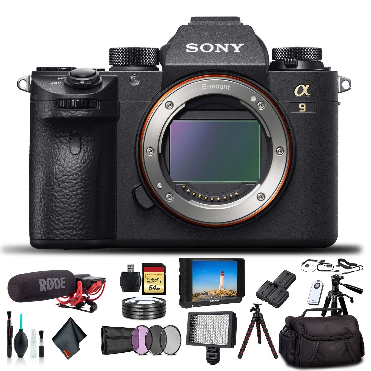 Sony Alpha a9 Mirrorless Camera ILCE9/B With Soft Bag, 2x Extra Batteries, Rode Mic, LED Light, External HD Monitor, 2x 64GB Memory Card, Sling Soft Bag, Card Reader , Plus Essential Accessories Sony