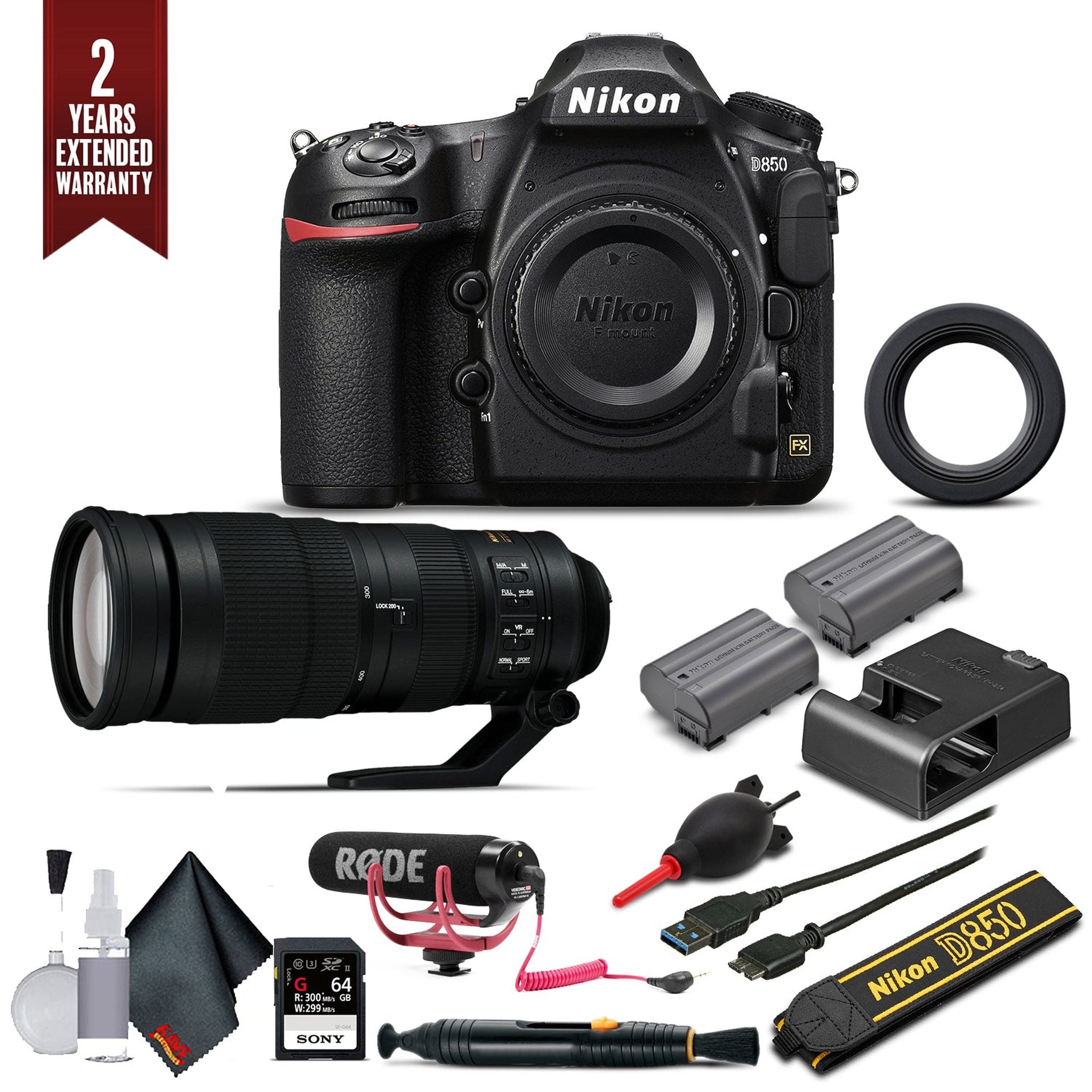 Nikon D850 Digital SLR Camera W/ Nikon AF-S FX NIKKOR 200-500mm f/5.6E ED Lens, Mic, Extra Battery, and More. International Model Starter Bundle Nikon