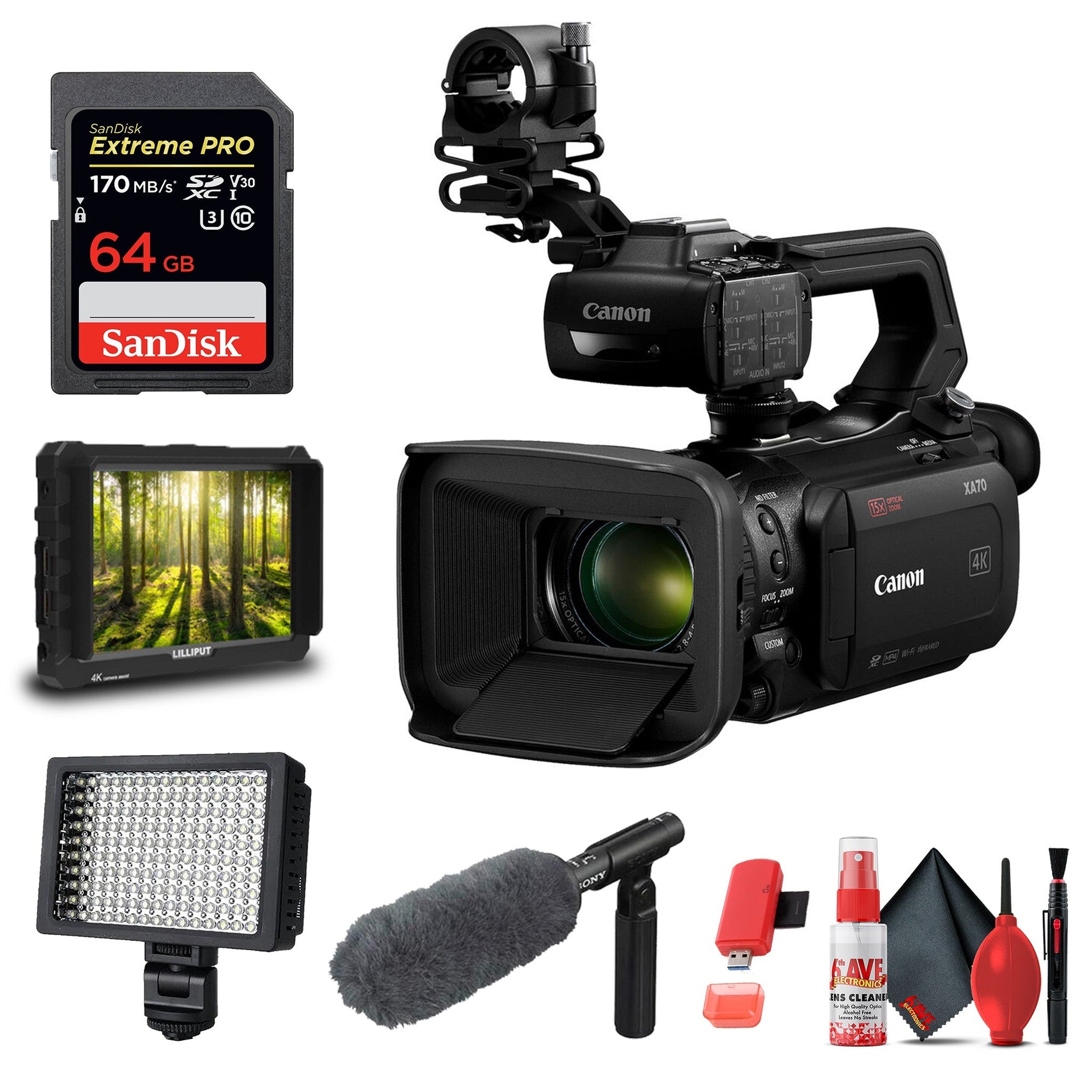 Canon XA70 Camcorder + Microphone, Video Monitor, LED Video Light, & 64GB Card Canon