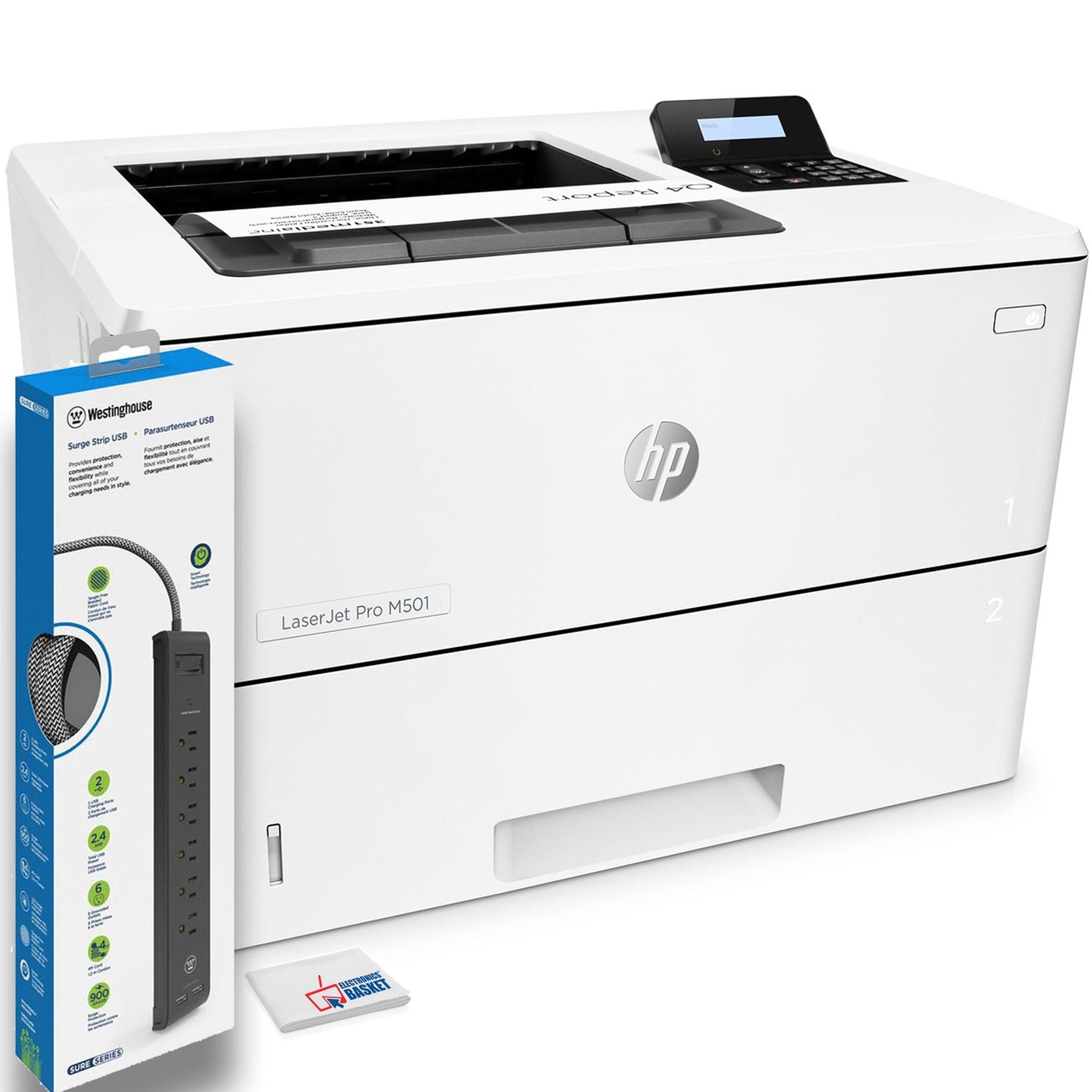 HP LaserJet Pro M501dn Monochrome Laser Printer J8H61A With Power Strip Surge Protector HP