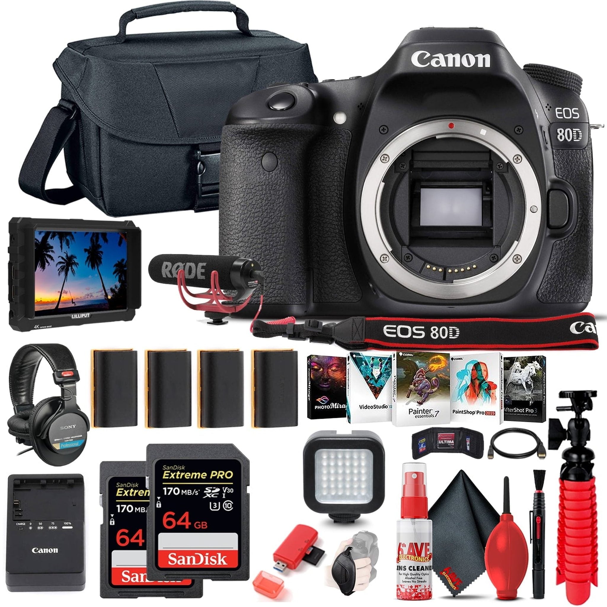 Canon EOS 80D DSLR Camera Body Only 1263C004 + 4K Monitor + Mic + More Canon