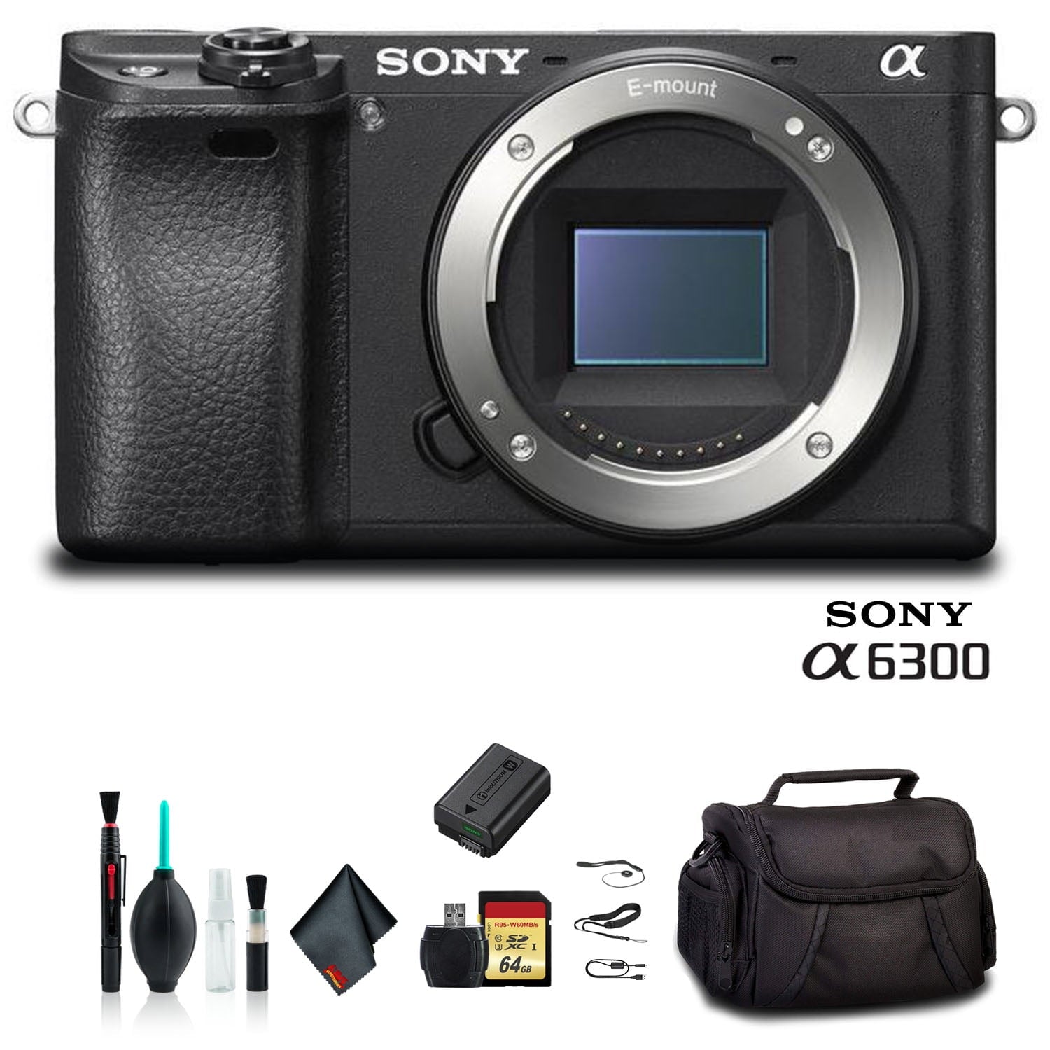 Sony Alpha a6300 Mirrorless Camera Black ILCE6300/B With Soft Bag, 64GB Memory Card, Card Reader , Plus Essential Accessories Sony