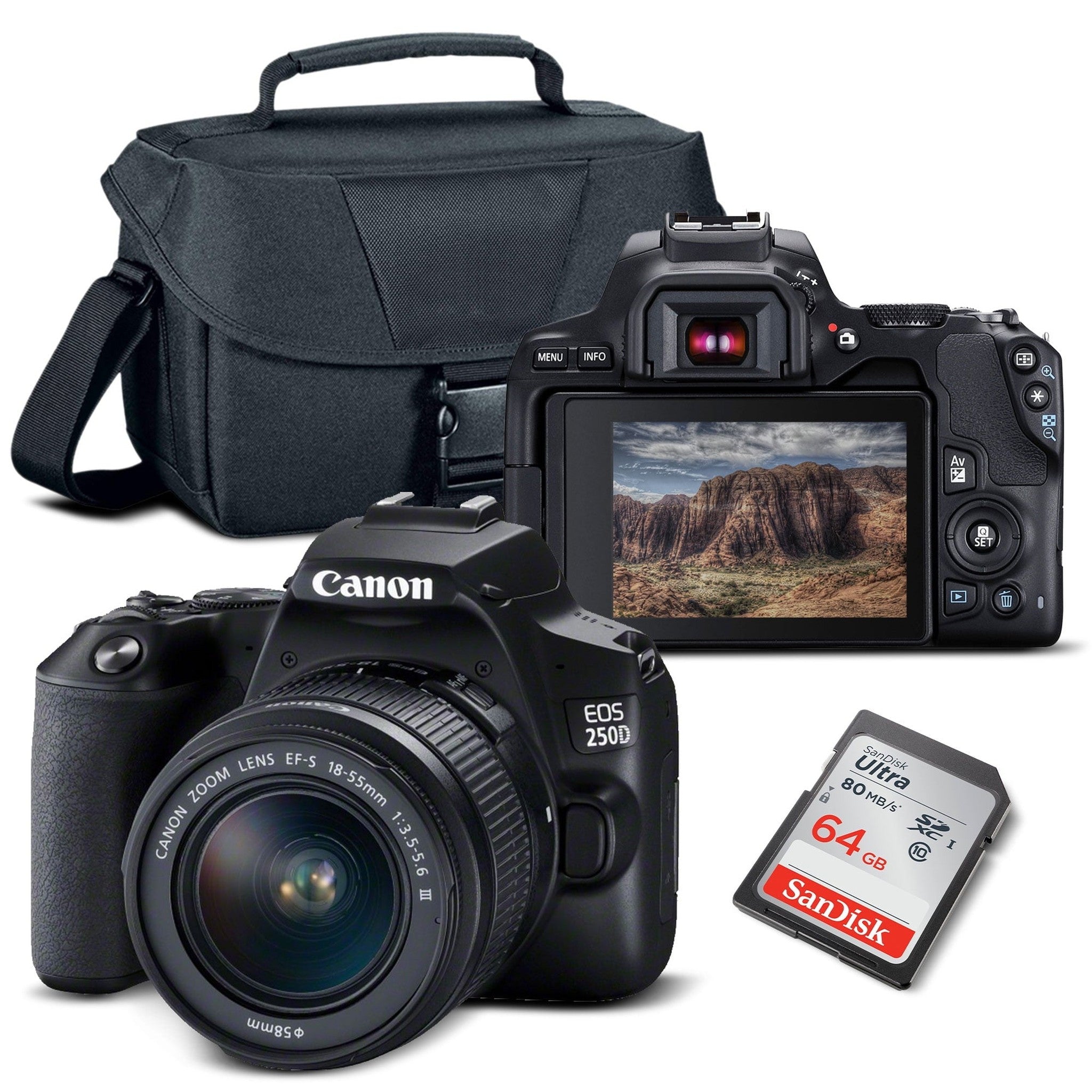 Canon EOS 250D / Rebel SL3 DSLR Camera with 18-55mm Lens Black + Creative Filter Set, EOS Camera Bag + Sandisk Ultra 64GB Card Canon