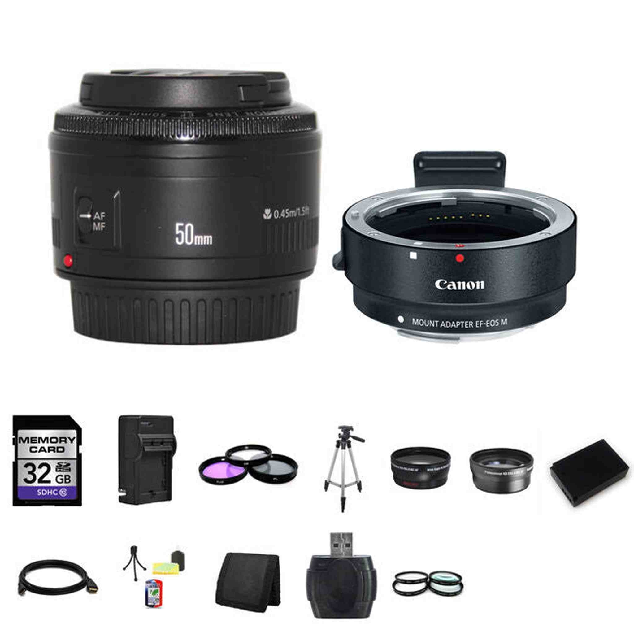 Canon EF 50mm f/1.8 II Lens w/EF-M Adaptor For EF/EF-S Lenses 32GB Bundle Canon