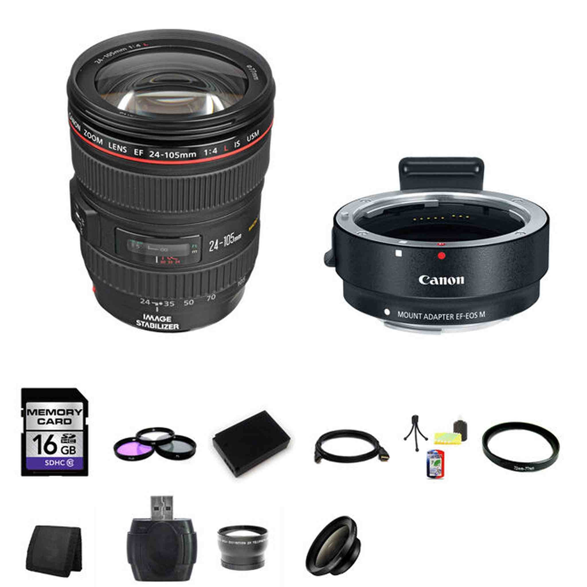 Canon 24-105mm f/4L IS USM Lens w/EF-M Adaptor for EF/EF-S Lenses 16GB Starter Bundle Canon