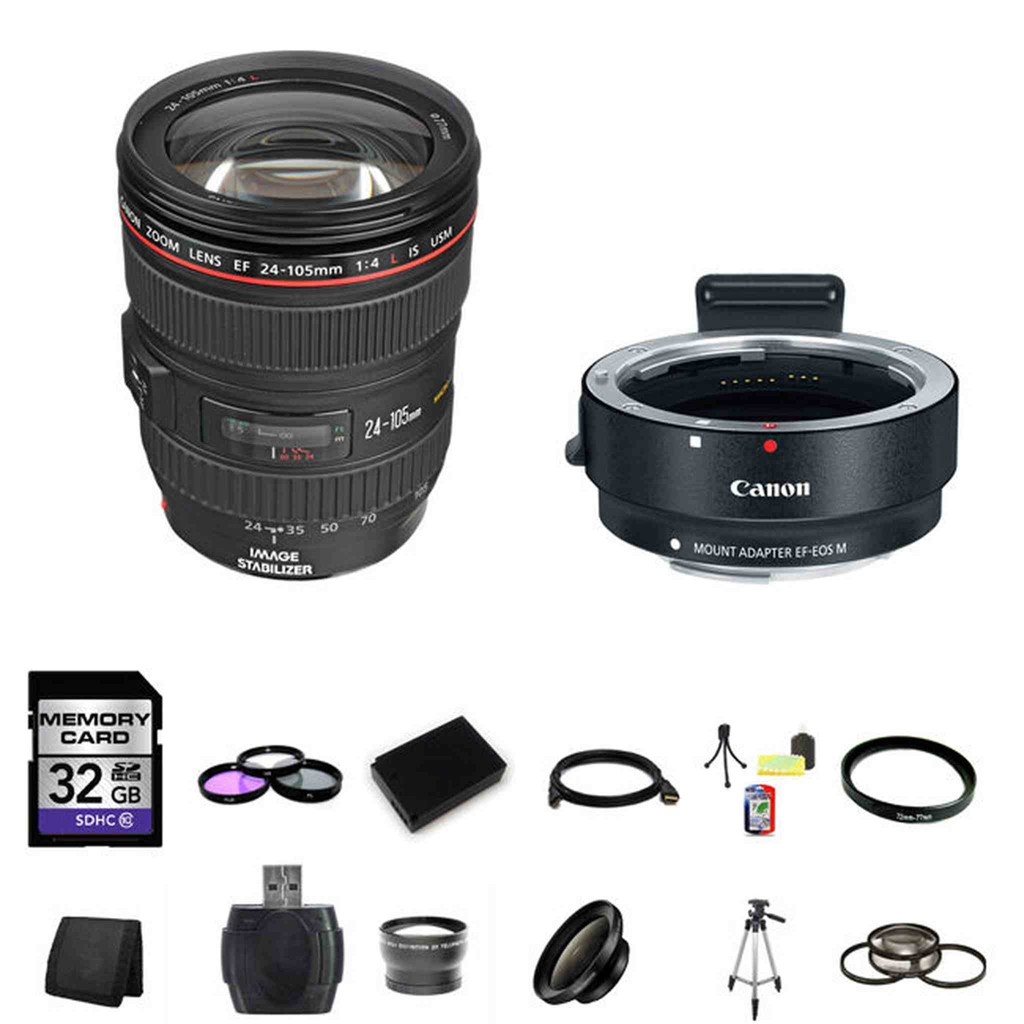 Canon 24-105mm f/4L IS USM Lens w/EF-M Adaptor for EF/EF-S Lenses 32GB Pro Bundle Canon