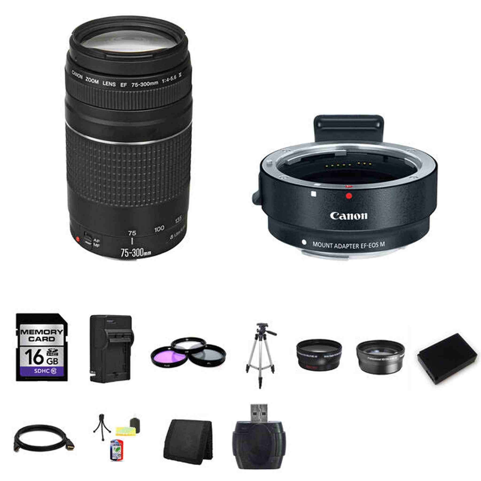 Canon EF 75-300mm f/4-5.6 Lens w/EF-M Adaptor for EF/EF-S Lenses 16GB Ultimate Bundle Canon