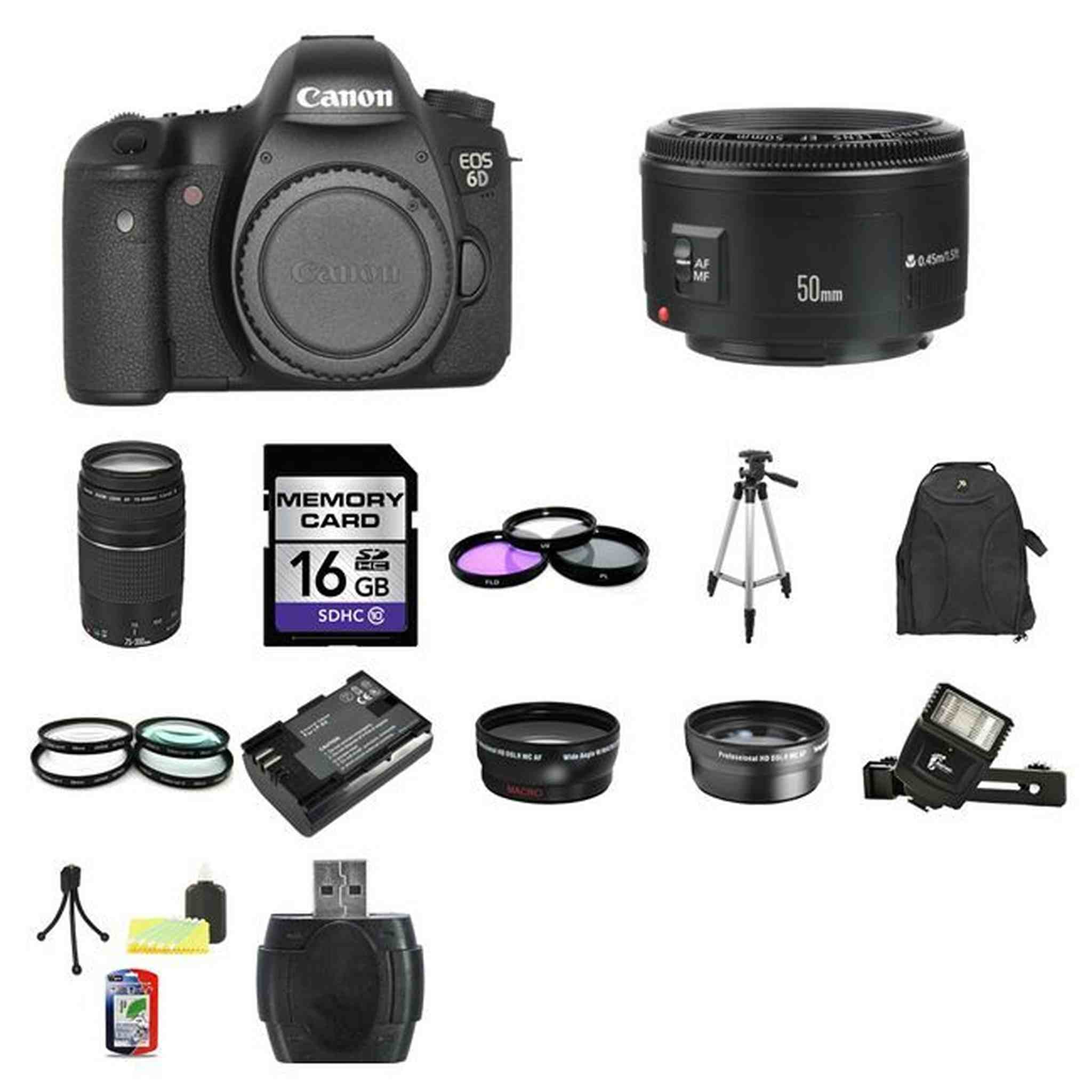 Canon EOS 6D DSLR Camera w/50mm & 75-300mm Lenses 16GB Full Kit Canon