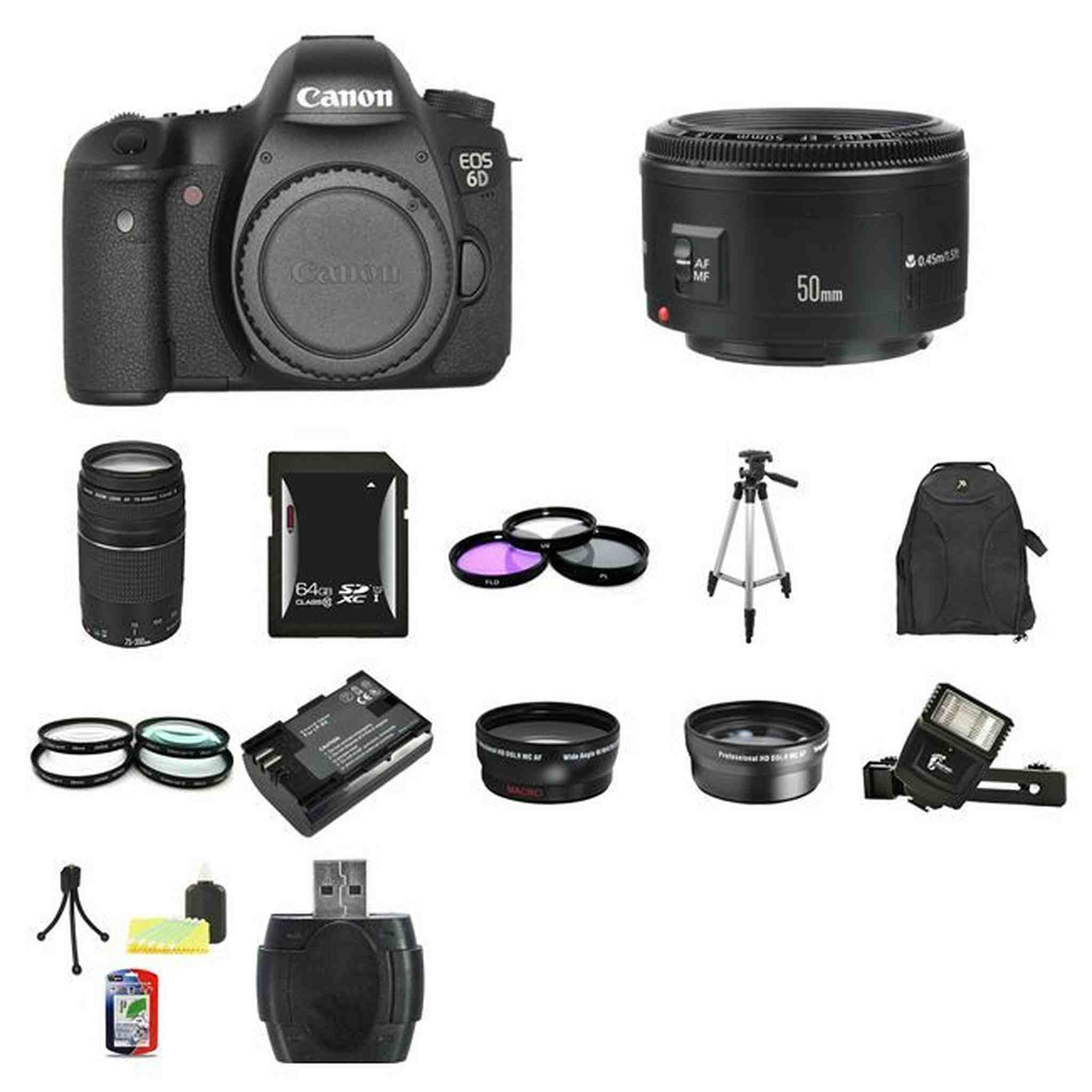 Canon EOS 6D DSLR Camera w/50mm & 75-300mm Lenses 64GB Full Kit Canon