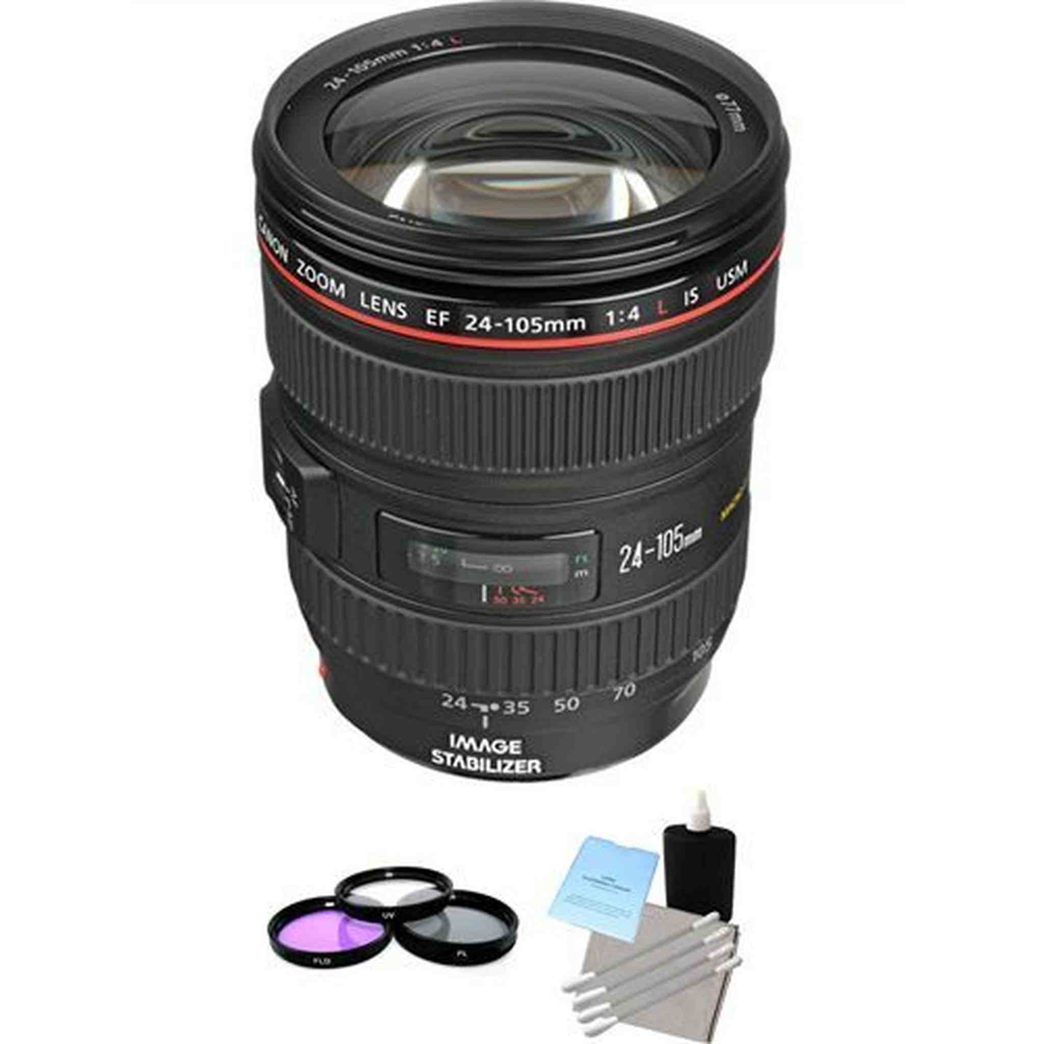 Canon EF 24-105mm f/4L IS USM Autofocus Lens + 3pc Filter Kit, Lens Cleaning Kit Bundle Canon