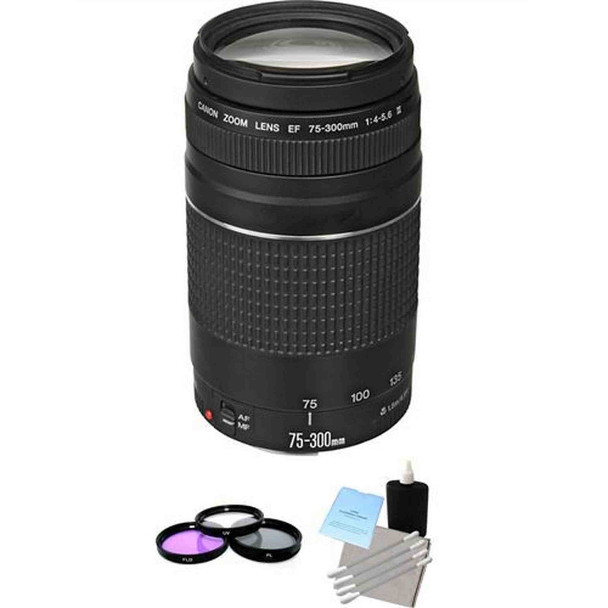 Canon EF 75-300mm F/4.0-5.6 III Lens + 3 Piece Filter Kit & Lens Cleaning Kit Bundle Canon