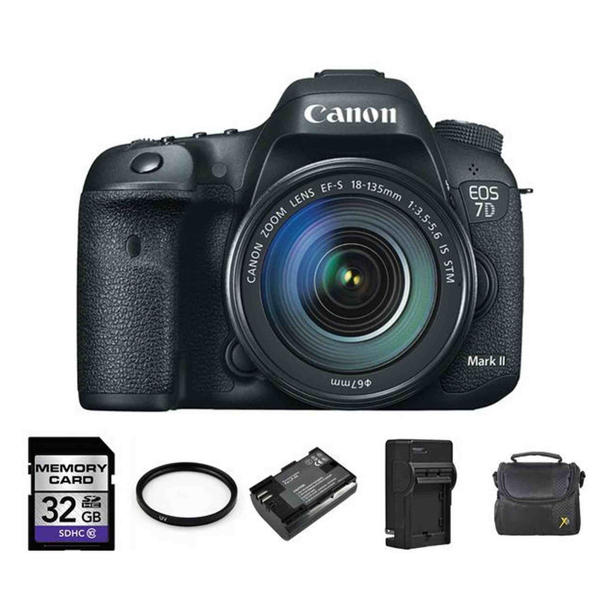 Canon EOS 7D Mark II DSLR Camera w/18-135mm Lens + 2 Batteries, 32GB Card Bundle Canon