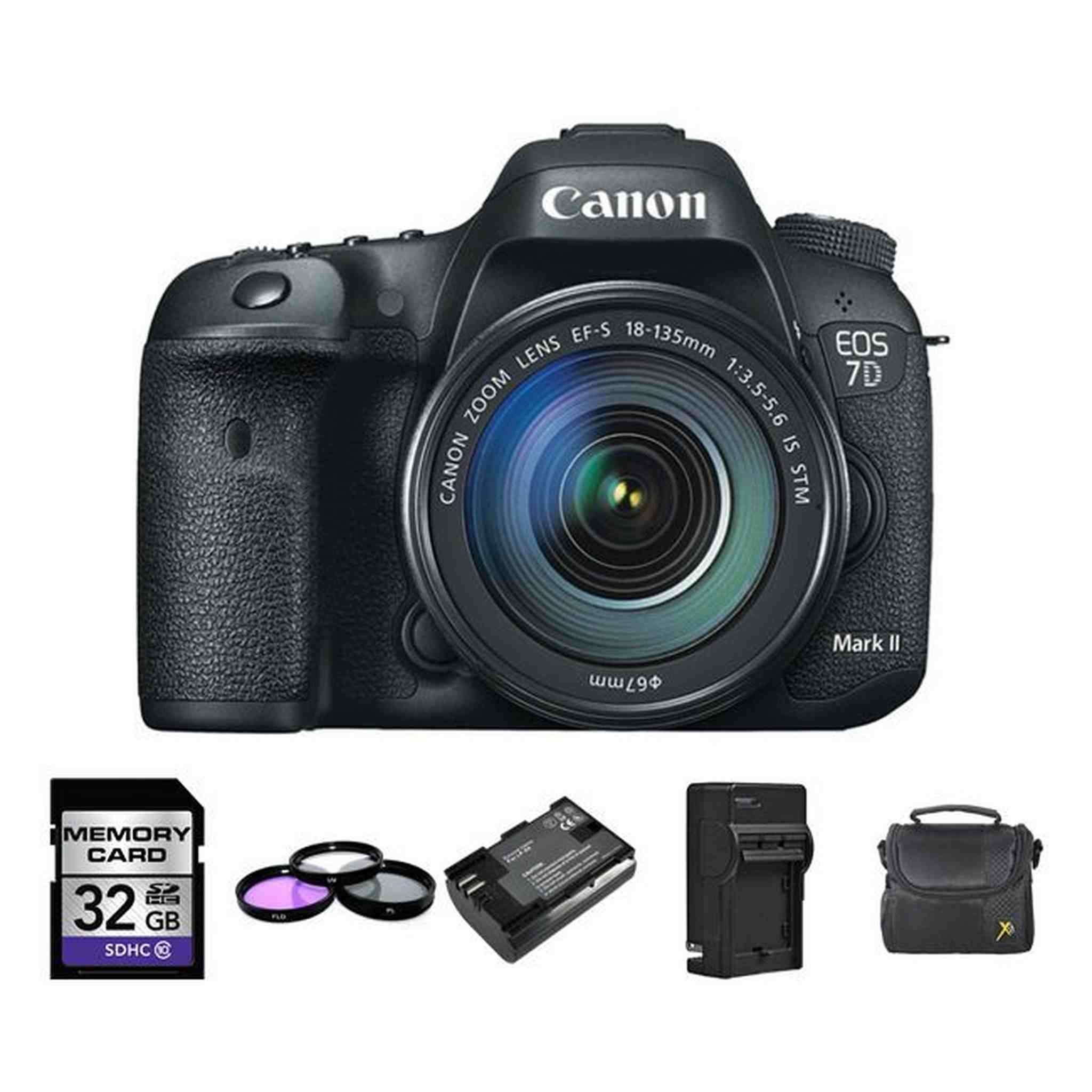 Canon EOS 7D Mark II DSLR Camera w/18-135mm + 2 Batteries, 32GB, Flash Bundle Canon