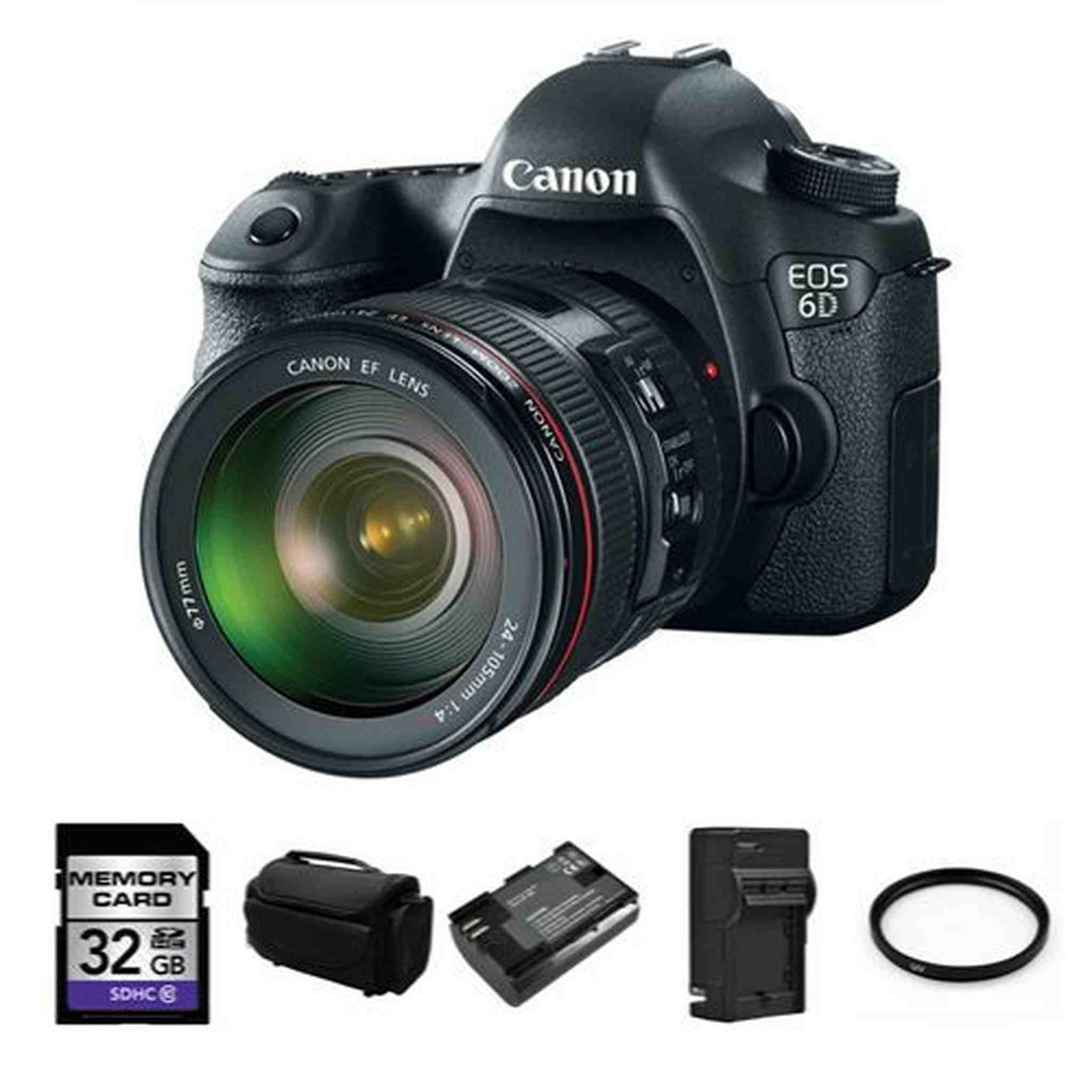 Canon EOS 6D Camera w/ 24-105mm f/4.0L IS USM Lens + 32GB, 2 Batteries Base Bundle Canon