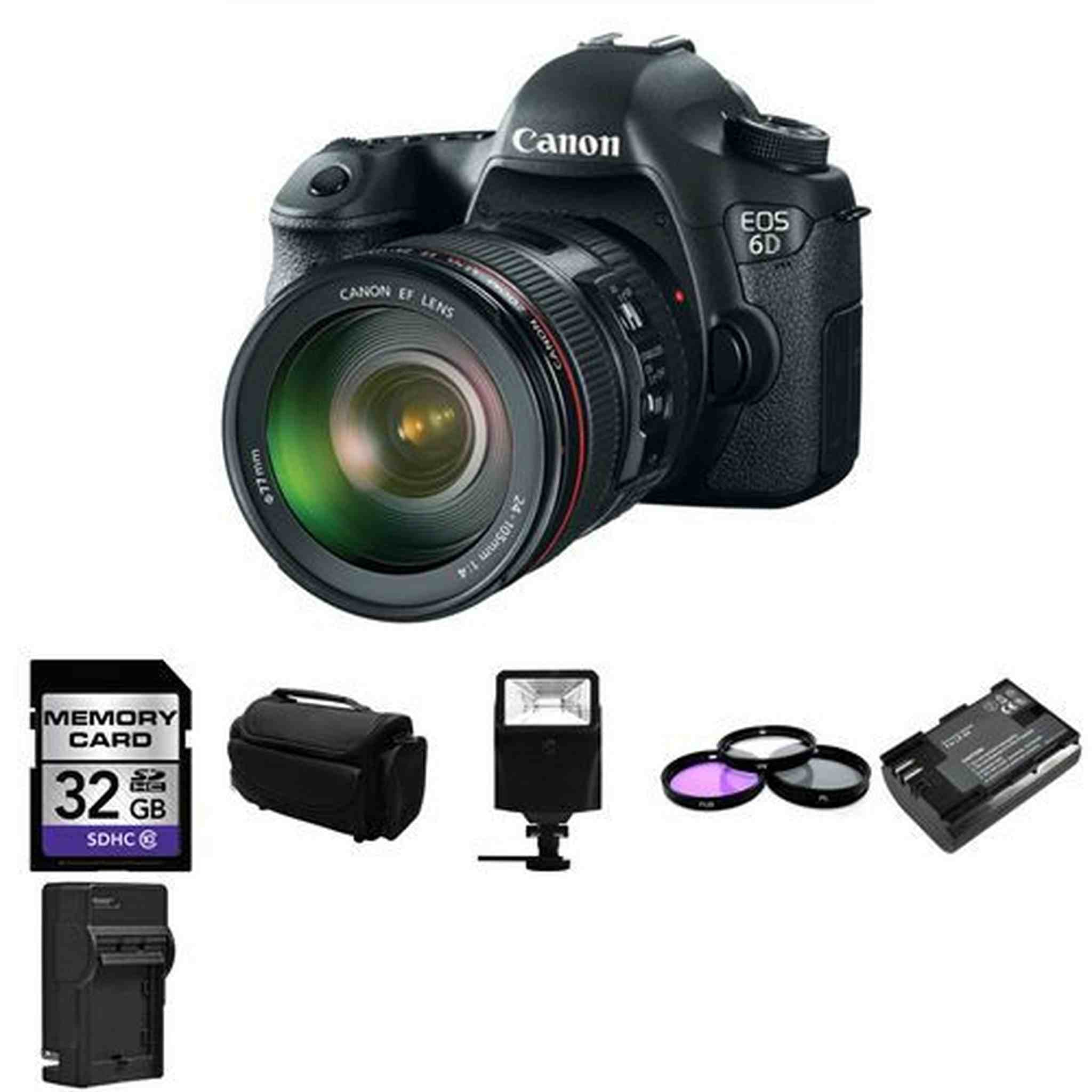 Canon EOS 6D Camera w/ 24-105mm f/4.0L IS USM Lens + 32GB, 2 Batteries Starter Bundle Canon